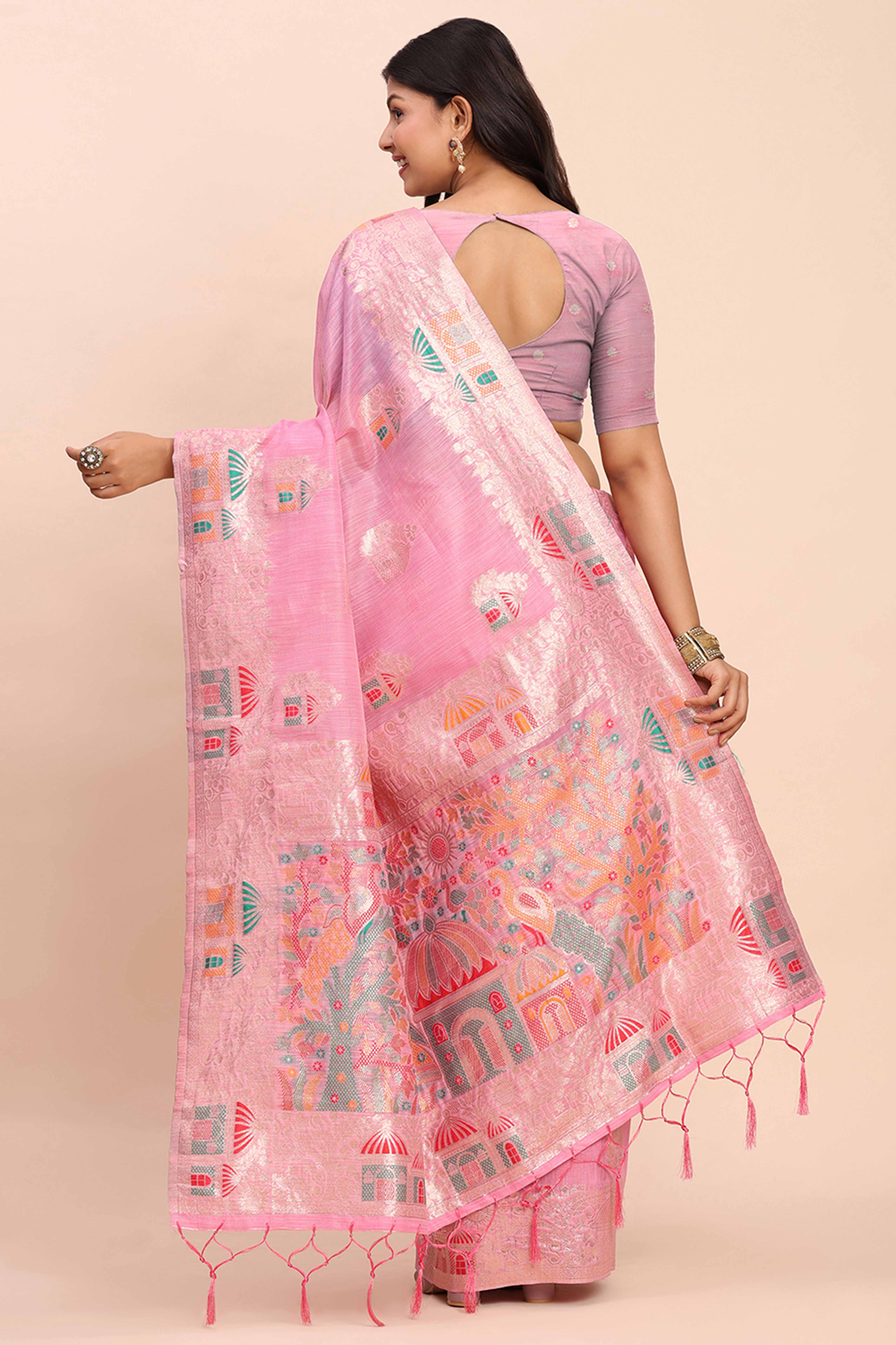 Pink Bloom Zari Woven Linen Cotton Saree Adorned With Floral Motifs & A Tassel Finish