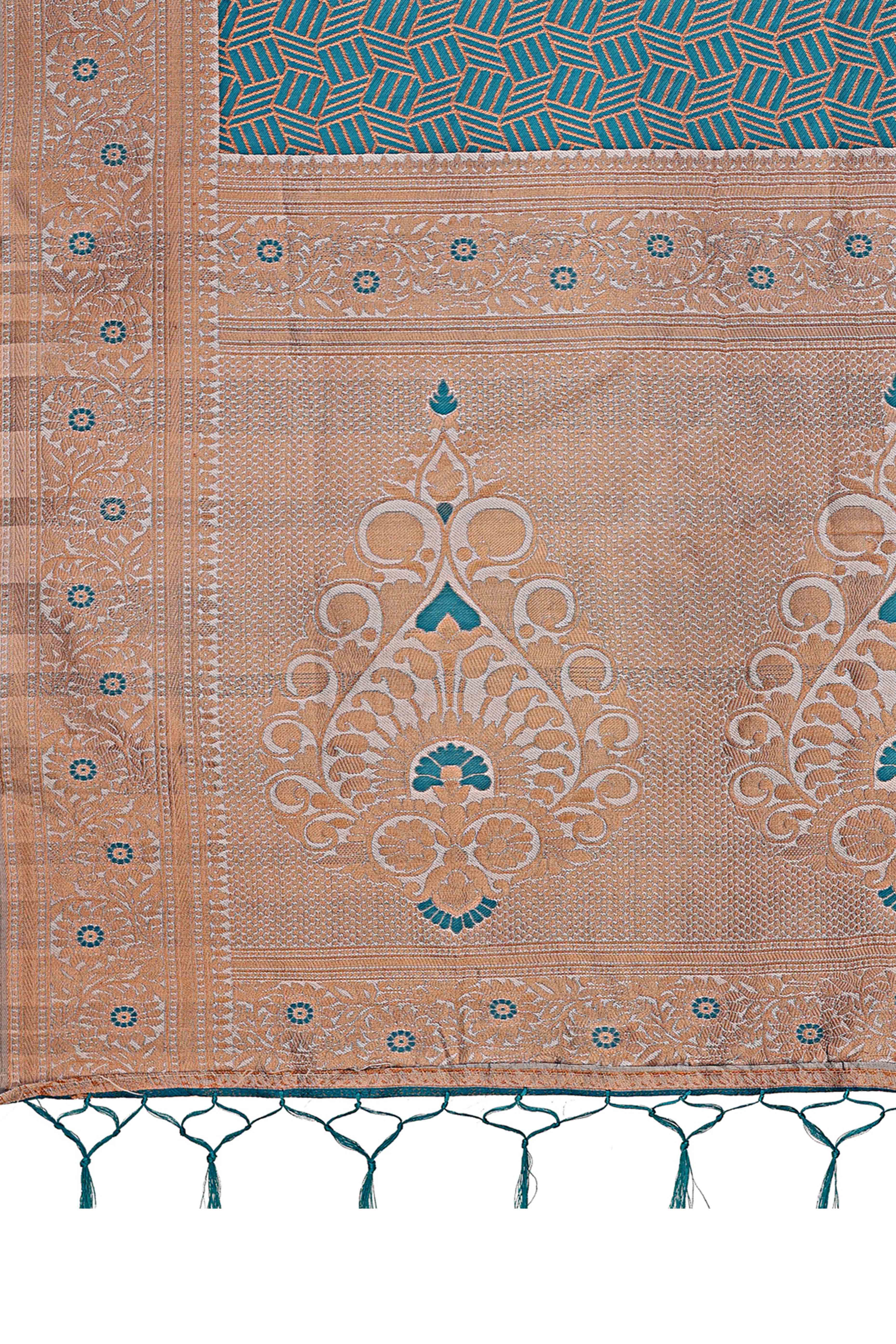 Teal Lichi Cotton Silk Saree With Intricate Zari Weaving In Floral & Geometric Patterns