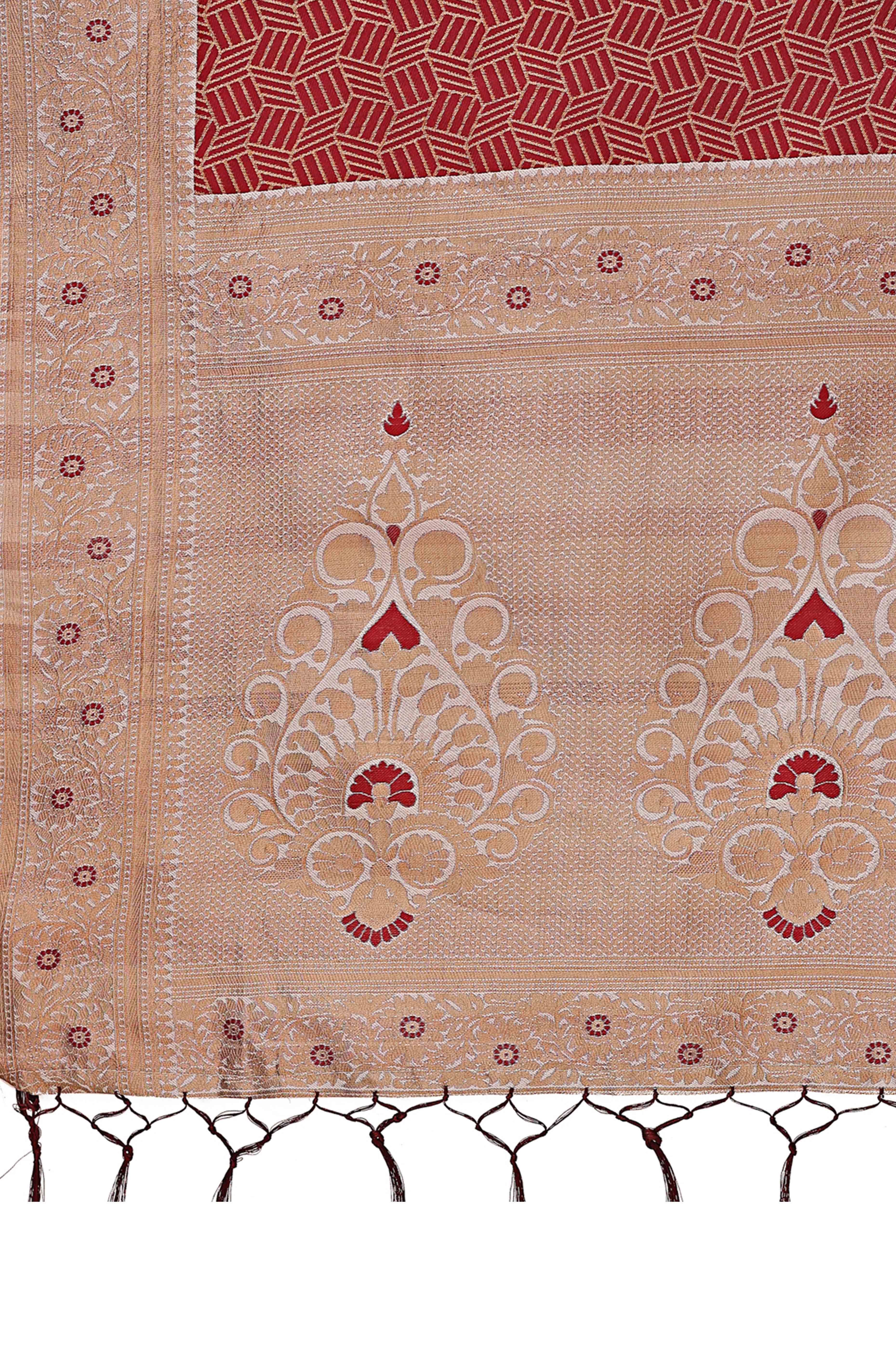 Maroon Lichi Cotton Silk Saree With Intricate Zari Weaving In Floral & Geometric Patterns
