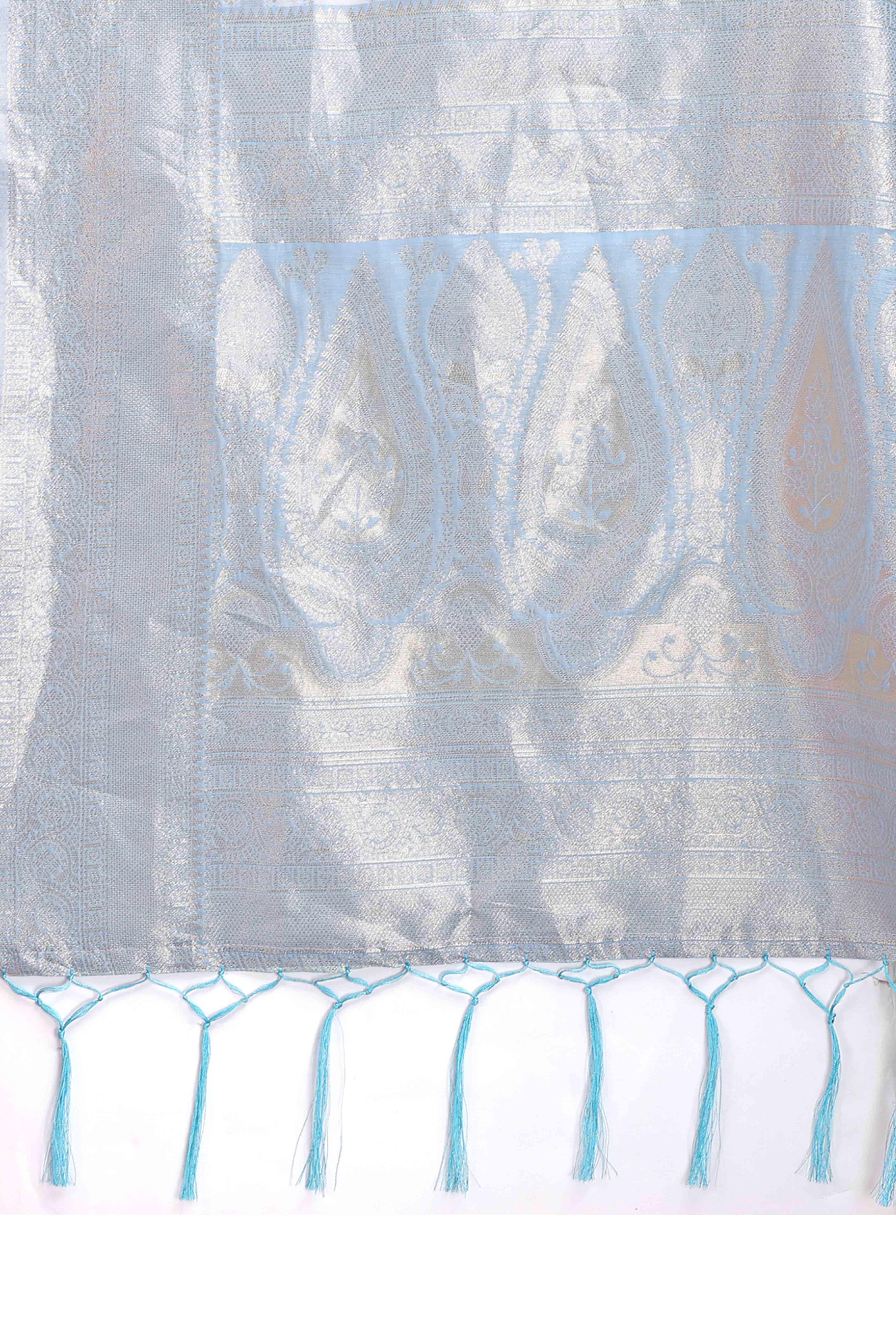 Breathtaking Sky Blue Geometric Style Zari Weaving Cotton Blend Saree Enhanced with Elegant Tassels