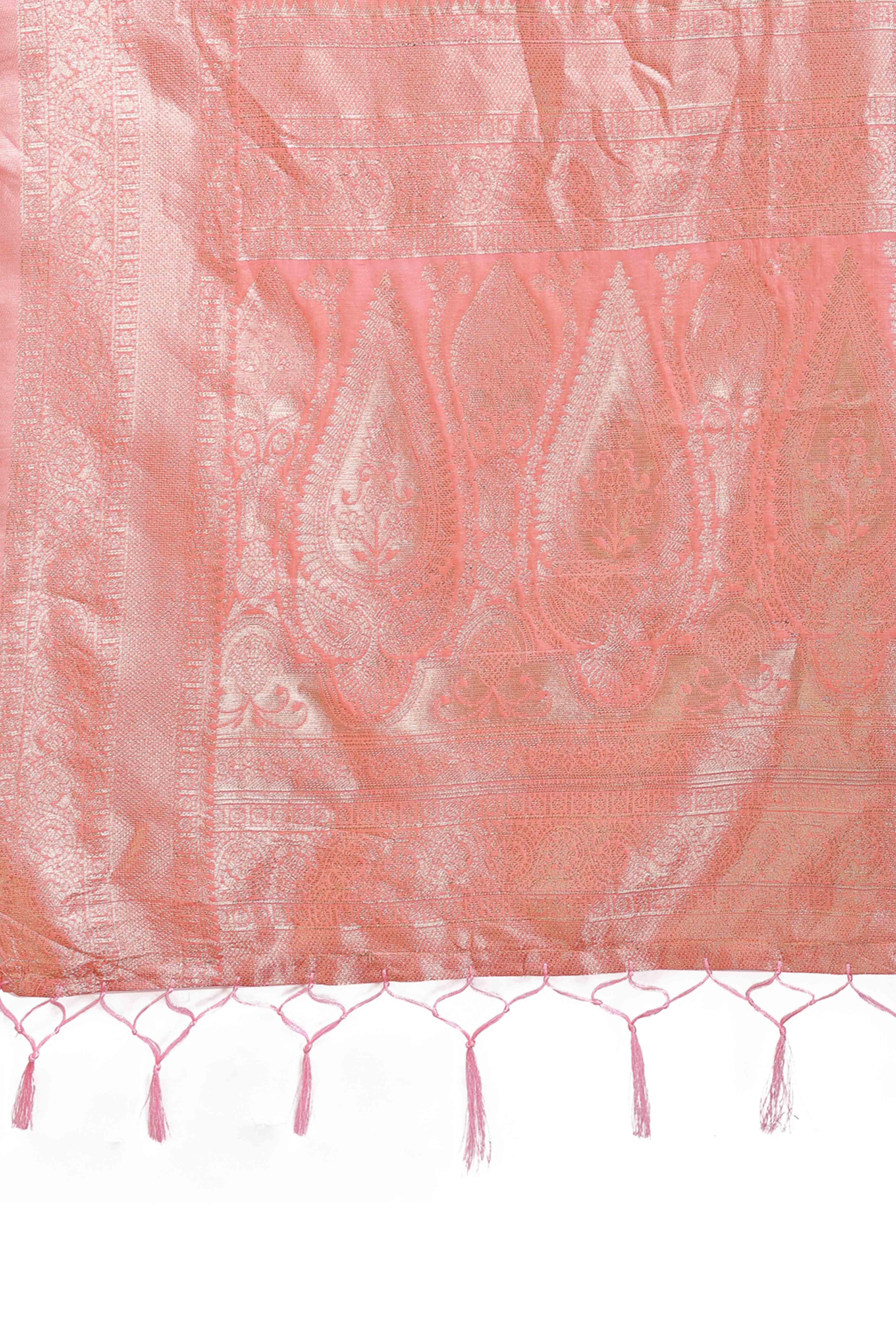 Delightful Peach Geometric Style Zari Weaving Cotton Blend Saree Embellished with Stylish Tassels