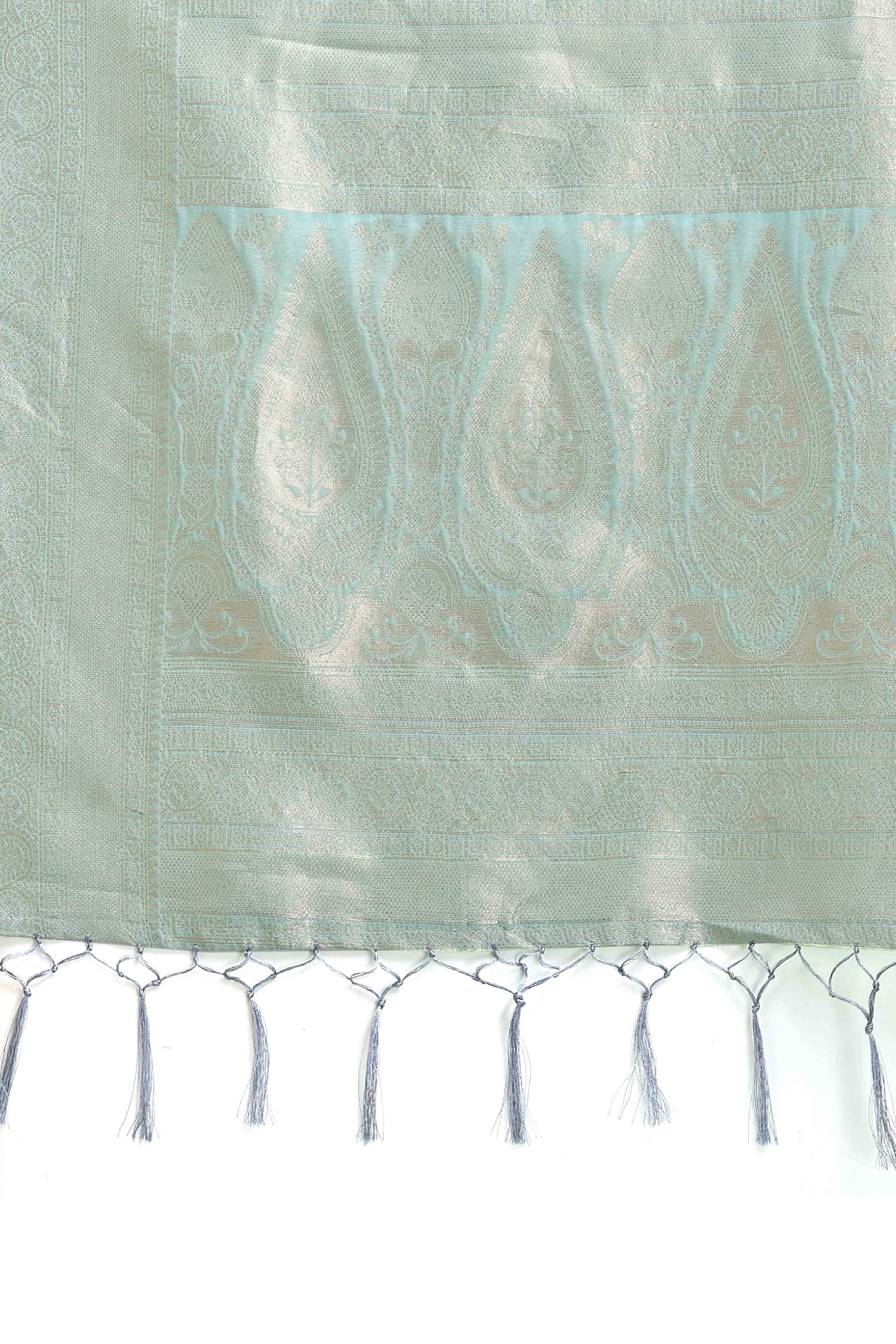 Serene Sea Green Geometric Style Zari Weaving Cotton Blend Saree Featuring Artistic Tassels