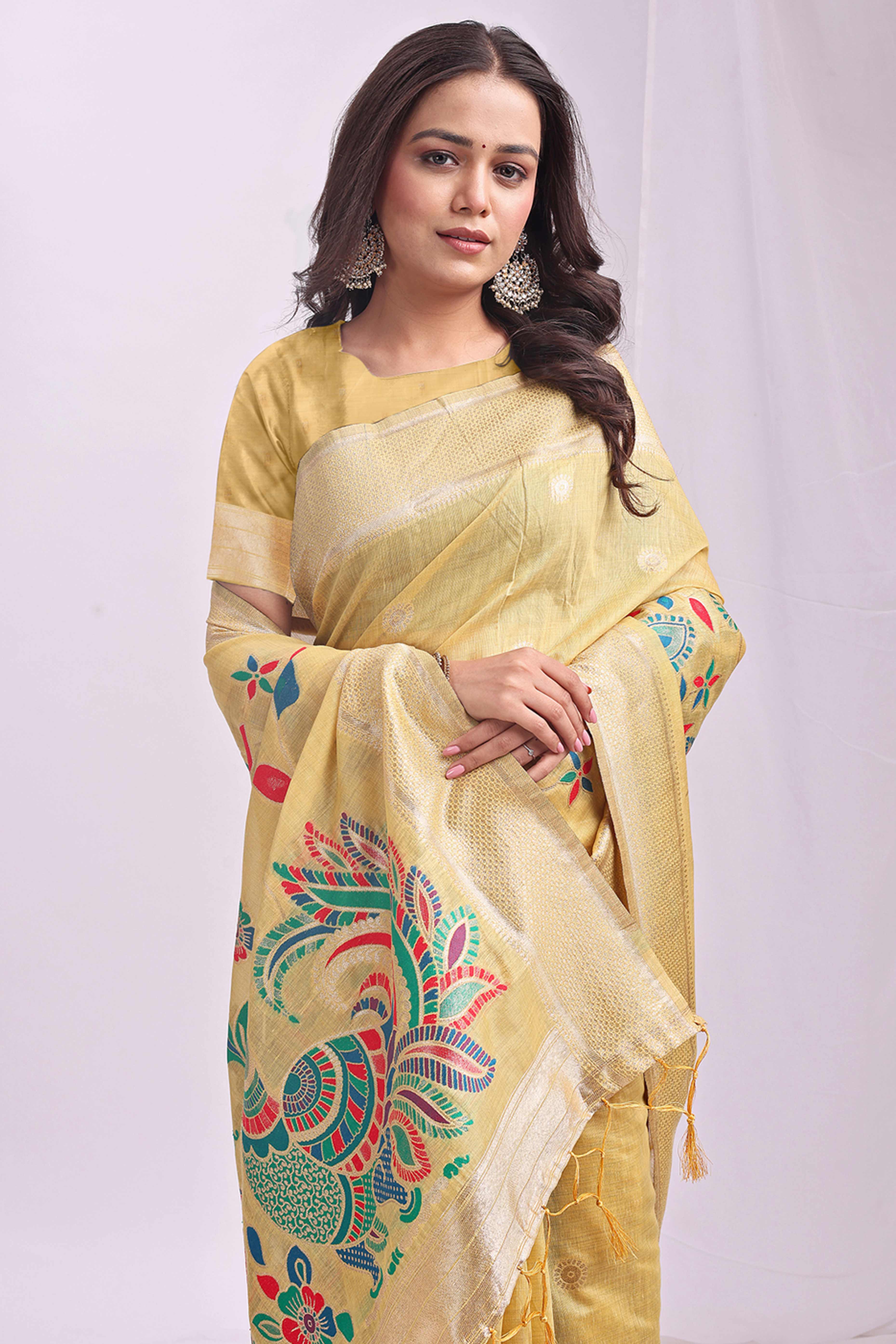 Yelllow Floral Woven Linen Cotton Saree Accented With Peacock Motif Pallu & Zari Border