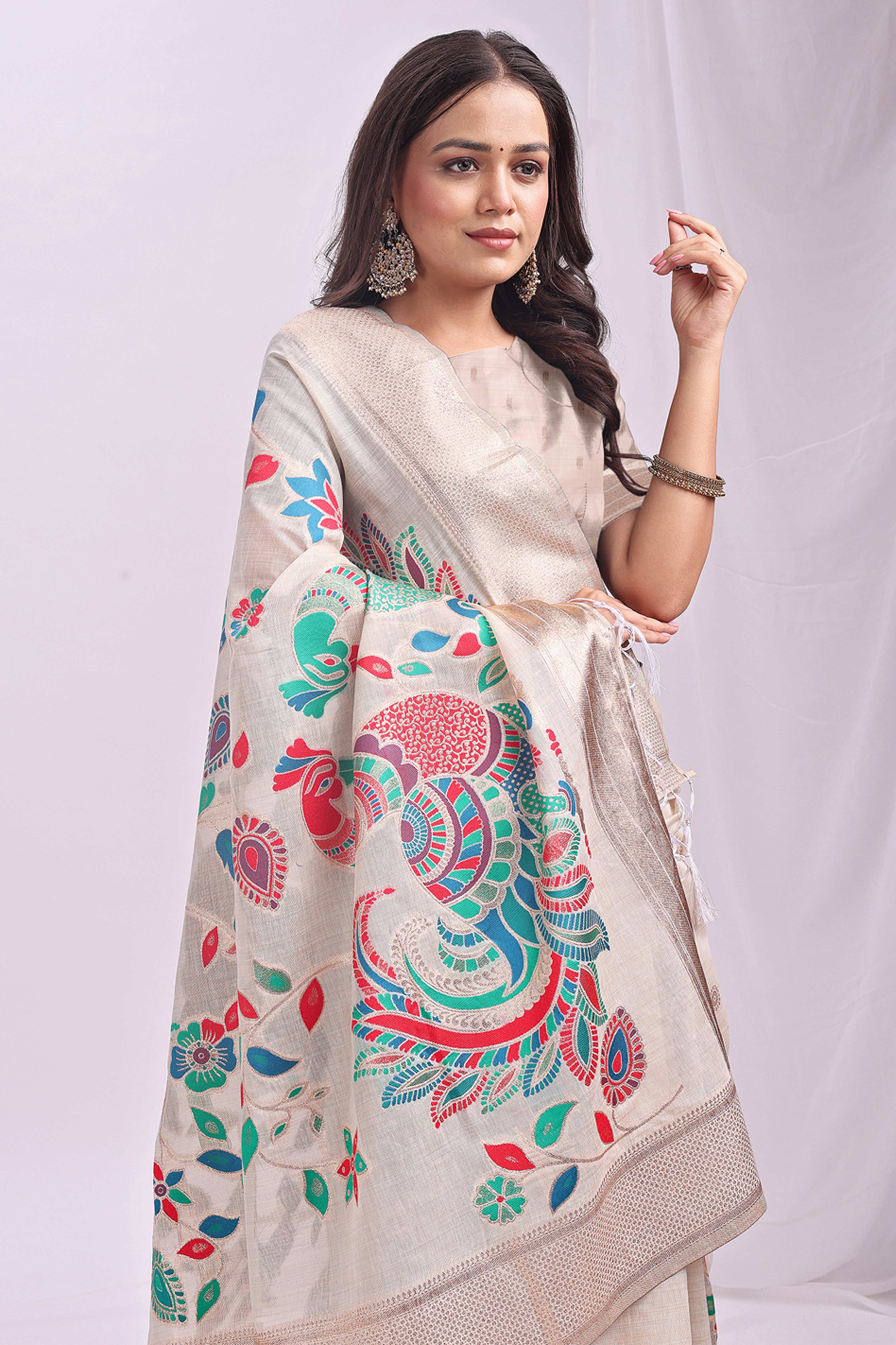 Cream Floral Woven Linen Cotton Saree Accented With Peacock Motif Pallu & Zari Border