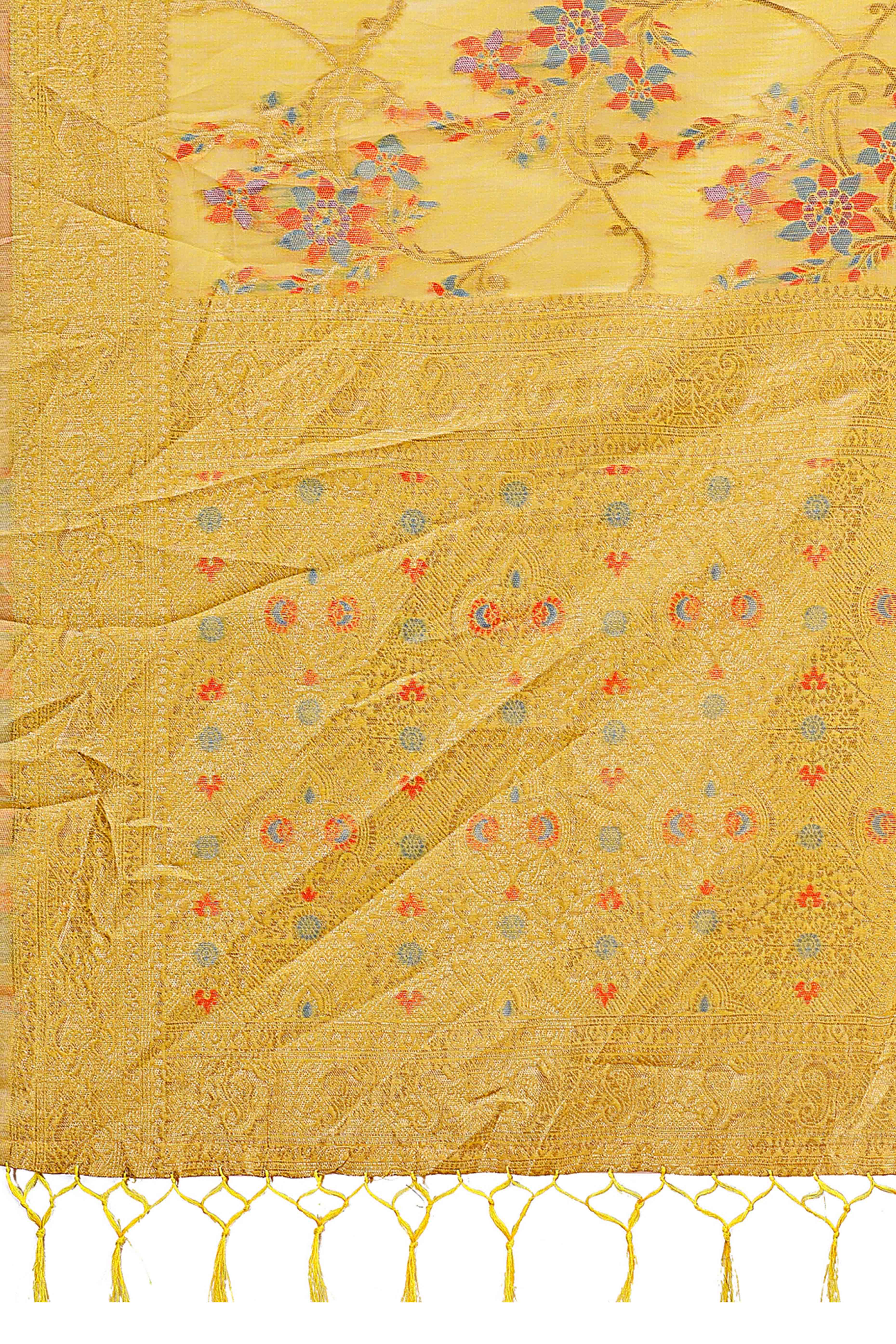 Yellow Linen Cotton Saree With Intricate Floral Zari Weaving & Tassel Edge