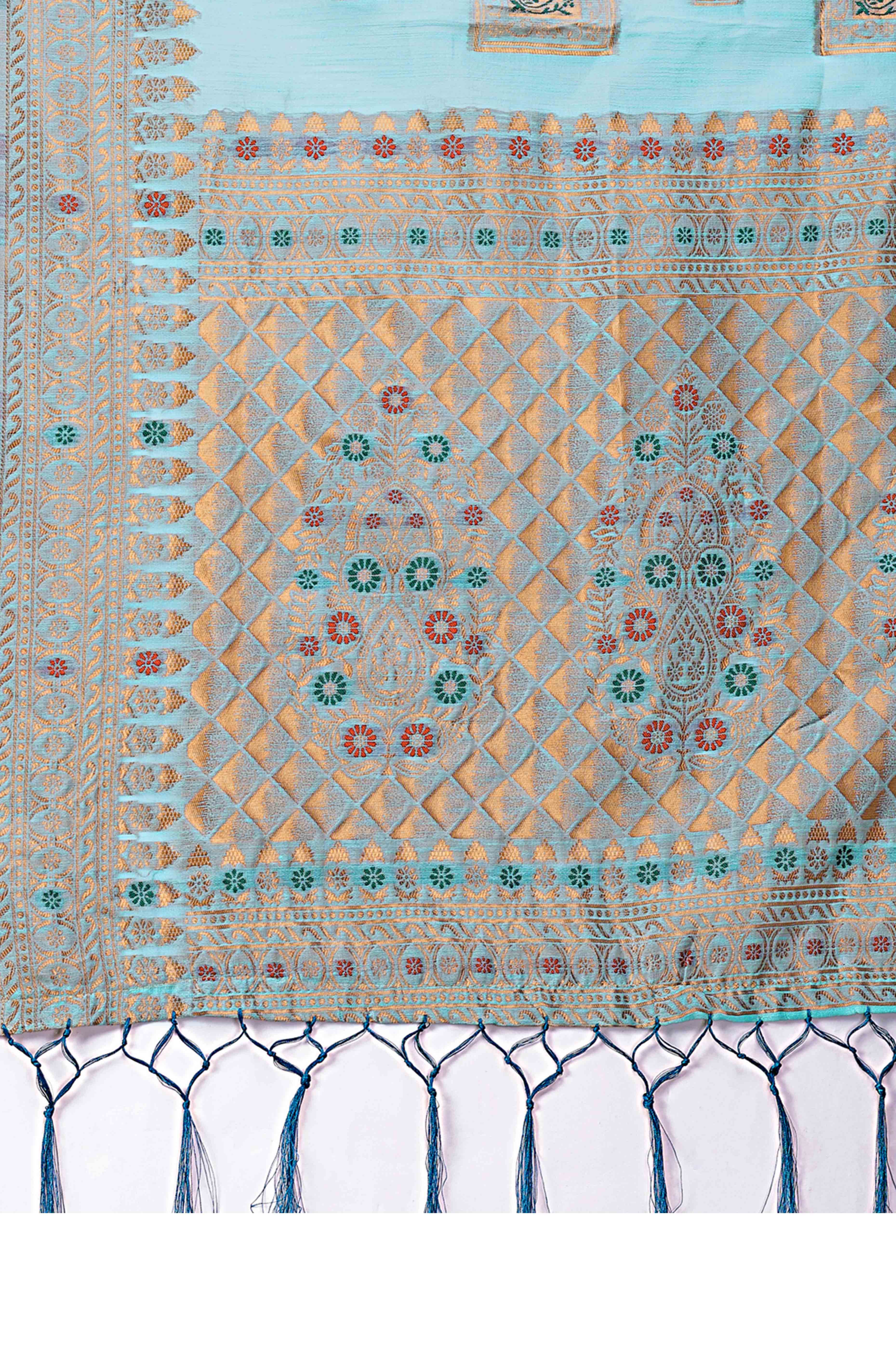 Majestic Floral Zari Weaving Embellished Pale Blue Saree In Linen Cotton with Tassel Accents