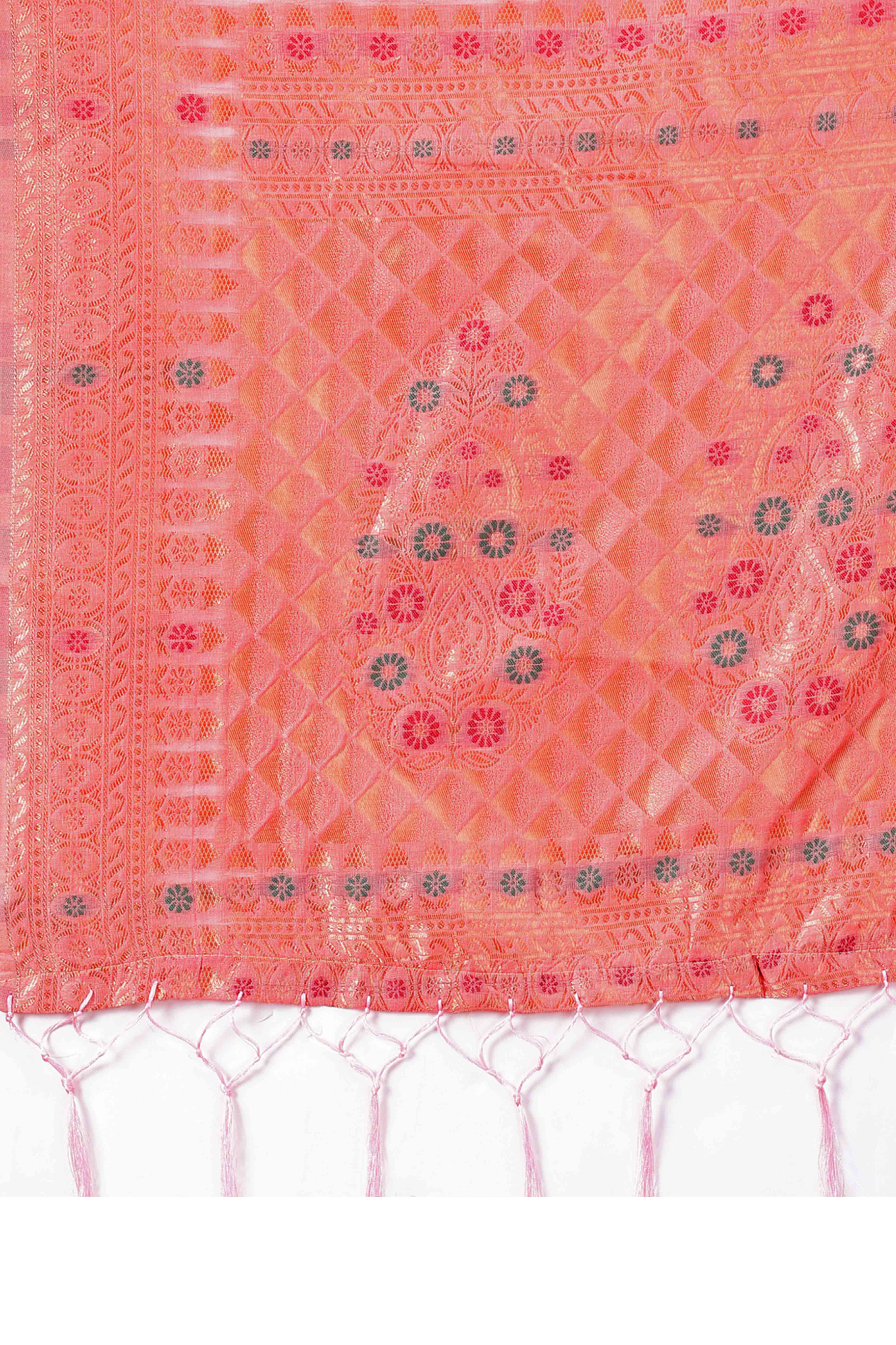 Refreshing Floral Zari Weaving Embellished Gajari Pink Saree In Linen Cotton with Tassel Accents