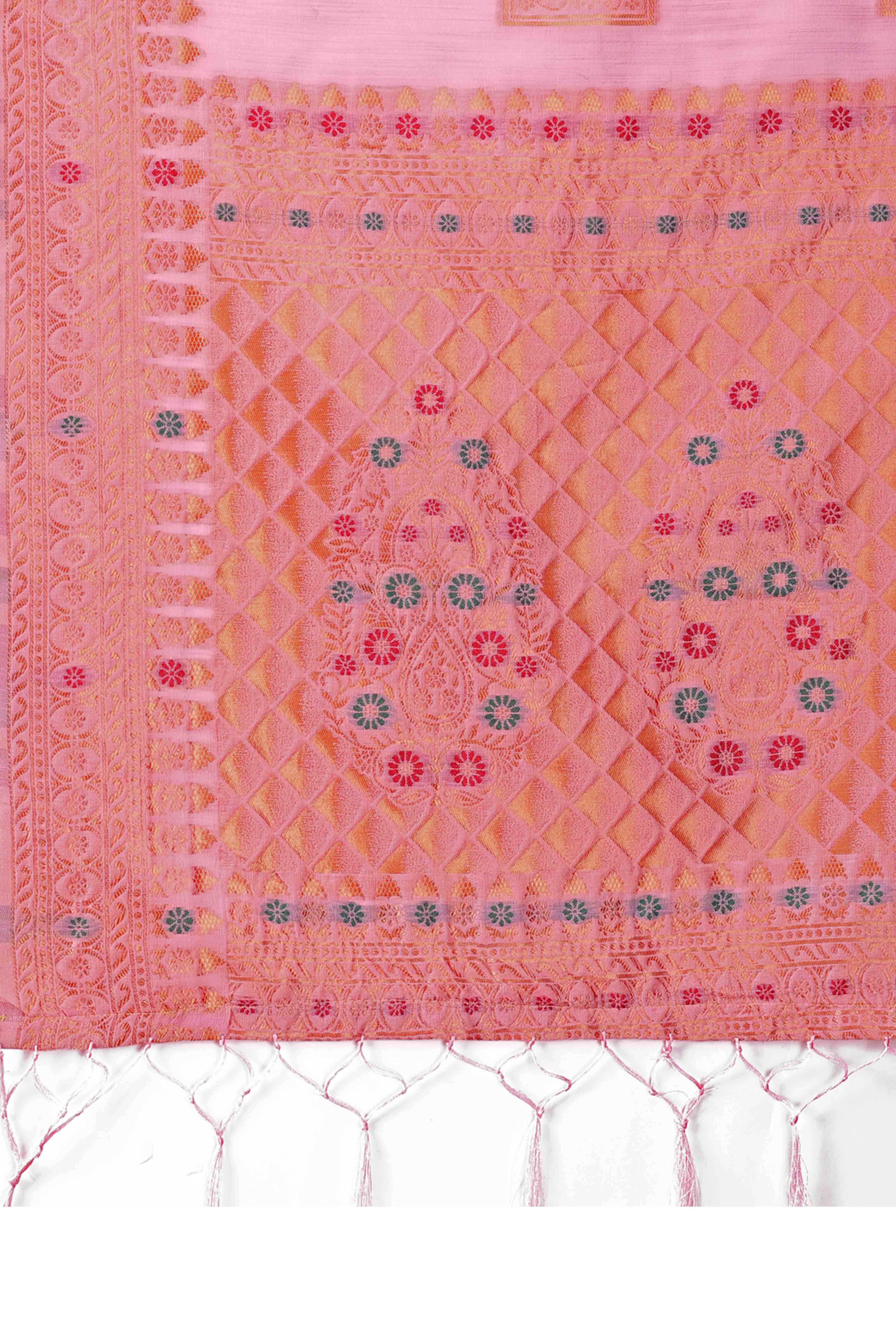 Stunning Floral Zari Weaving Embellished Pink Saree In Linen Cotton with Tassel Accents
