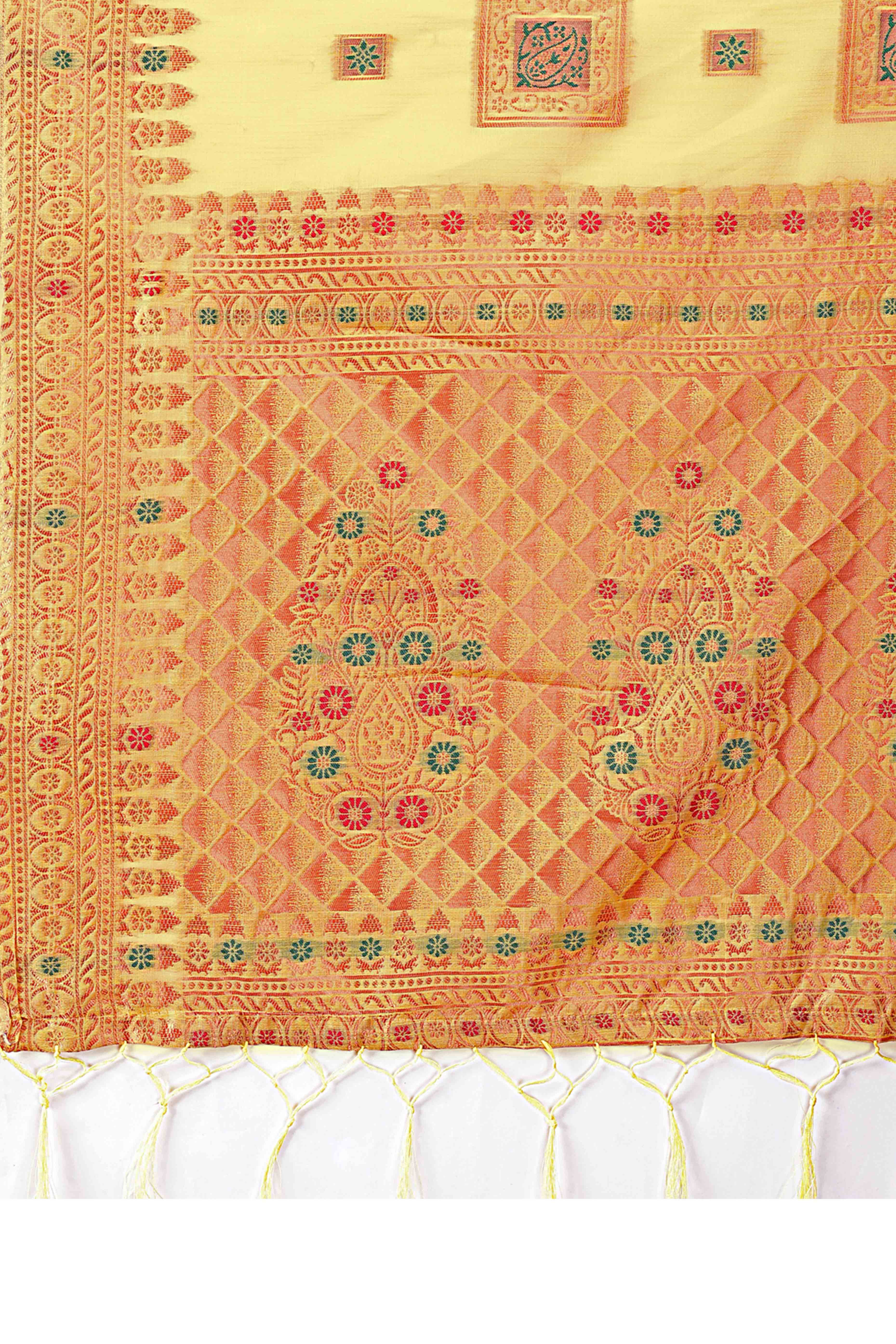 Dazzling Floral Zari Weaving Embellished Yellow Saree In Linen Cotton with Tassel Accents