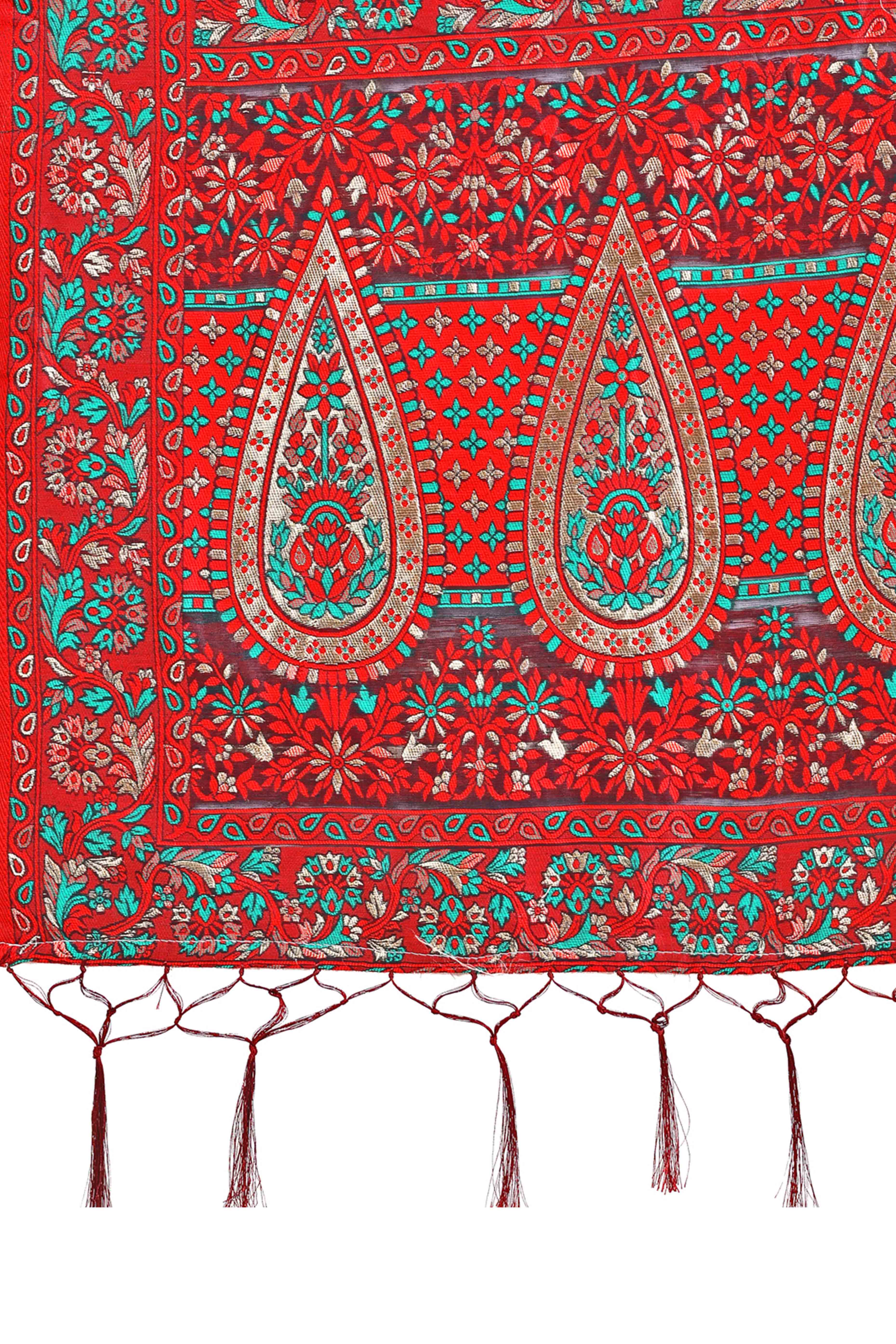 Red & Blue Floral Woven Cotton Blend Saree With A Breezy Tassel Finish