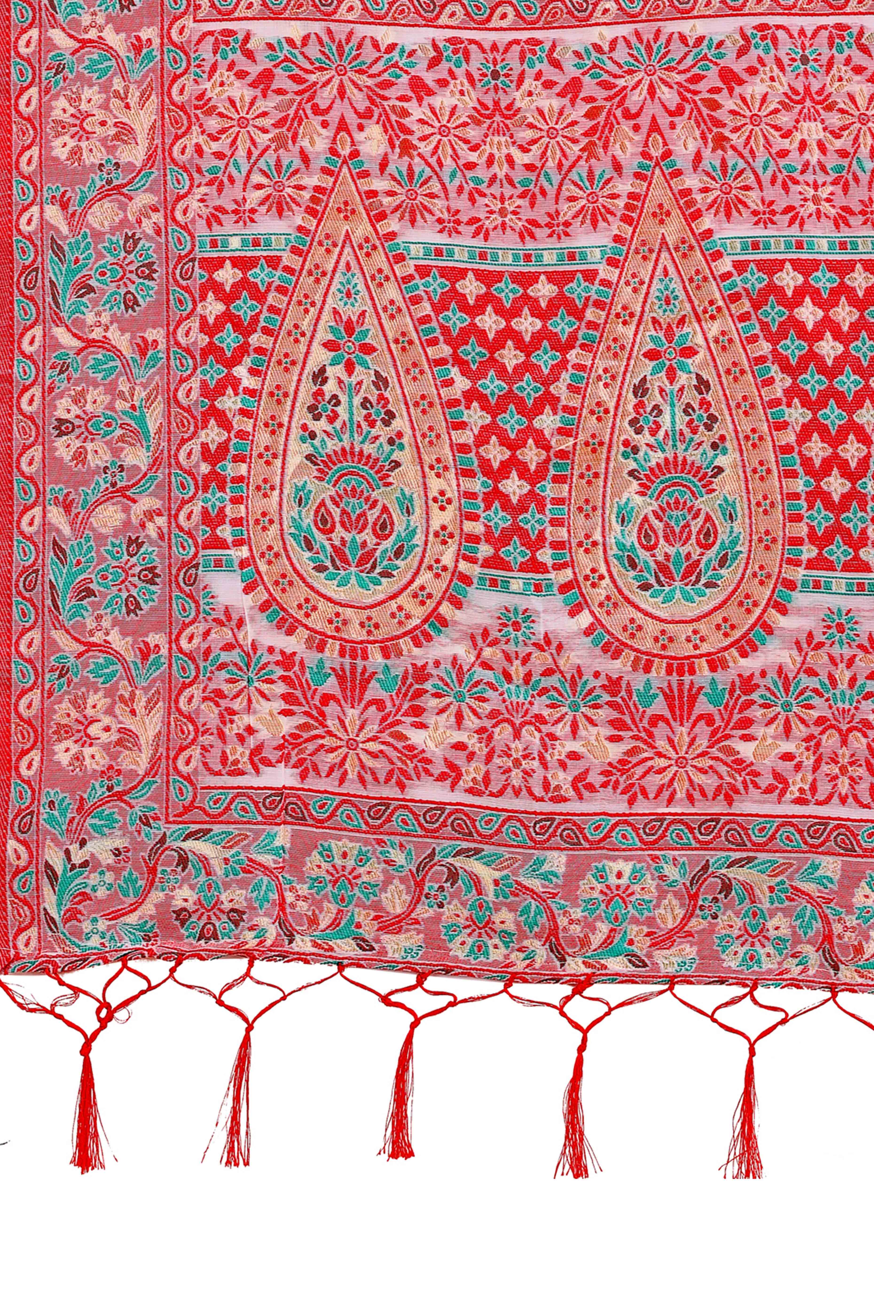 White Floral Woven Cotton Blend Saree With A Breezy Tassel Finish