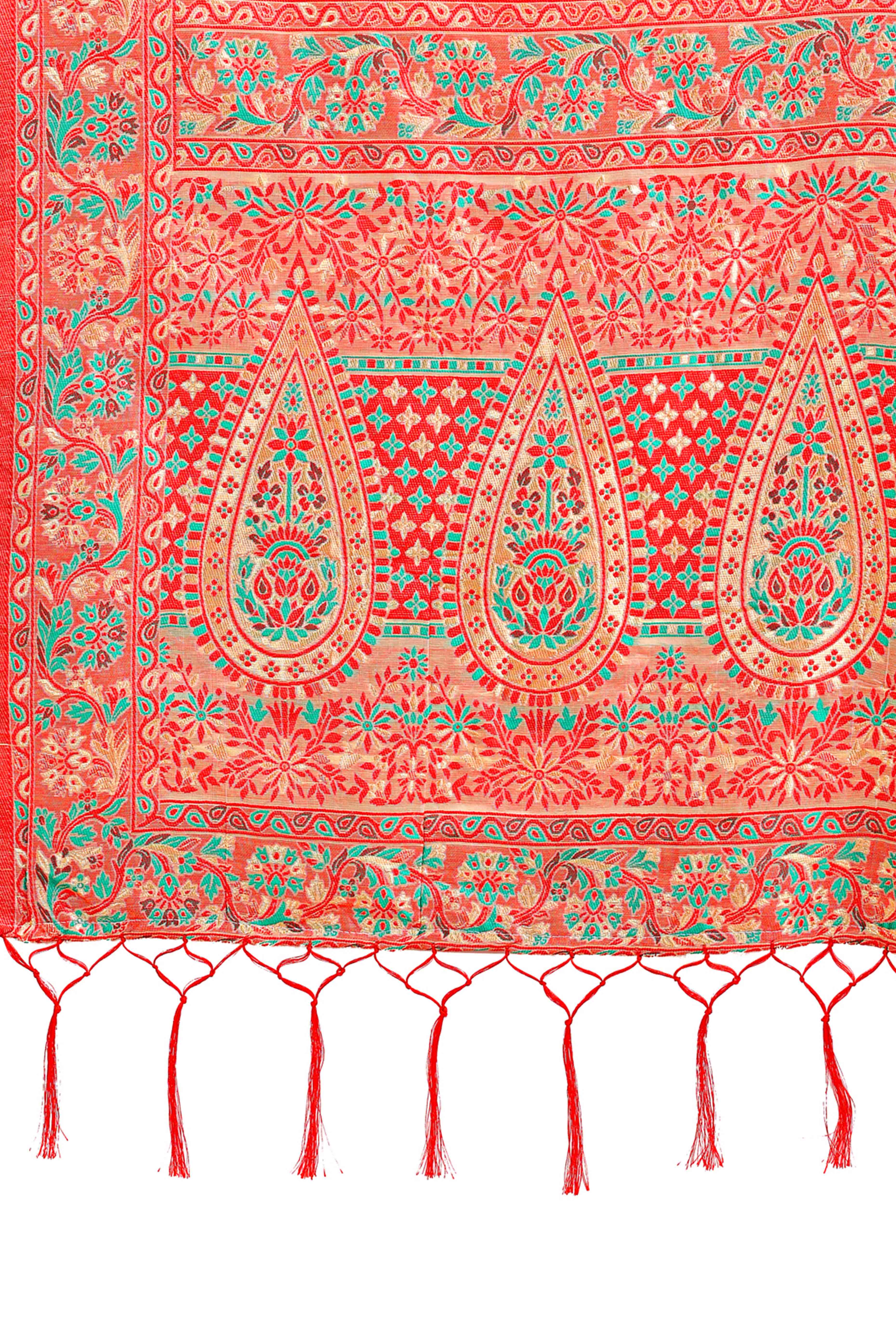 Cream Floral Woven Cotton Blend Saree With A Breezy Tassel Finish