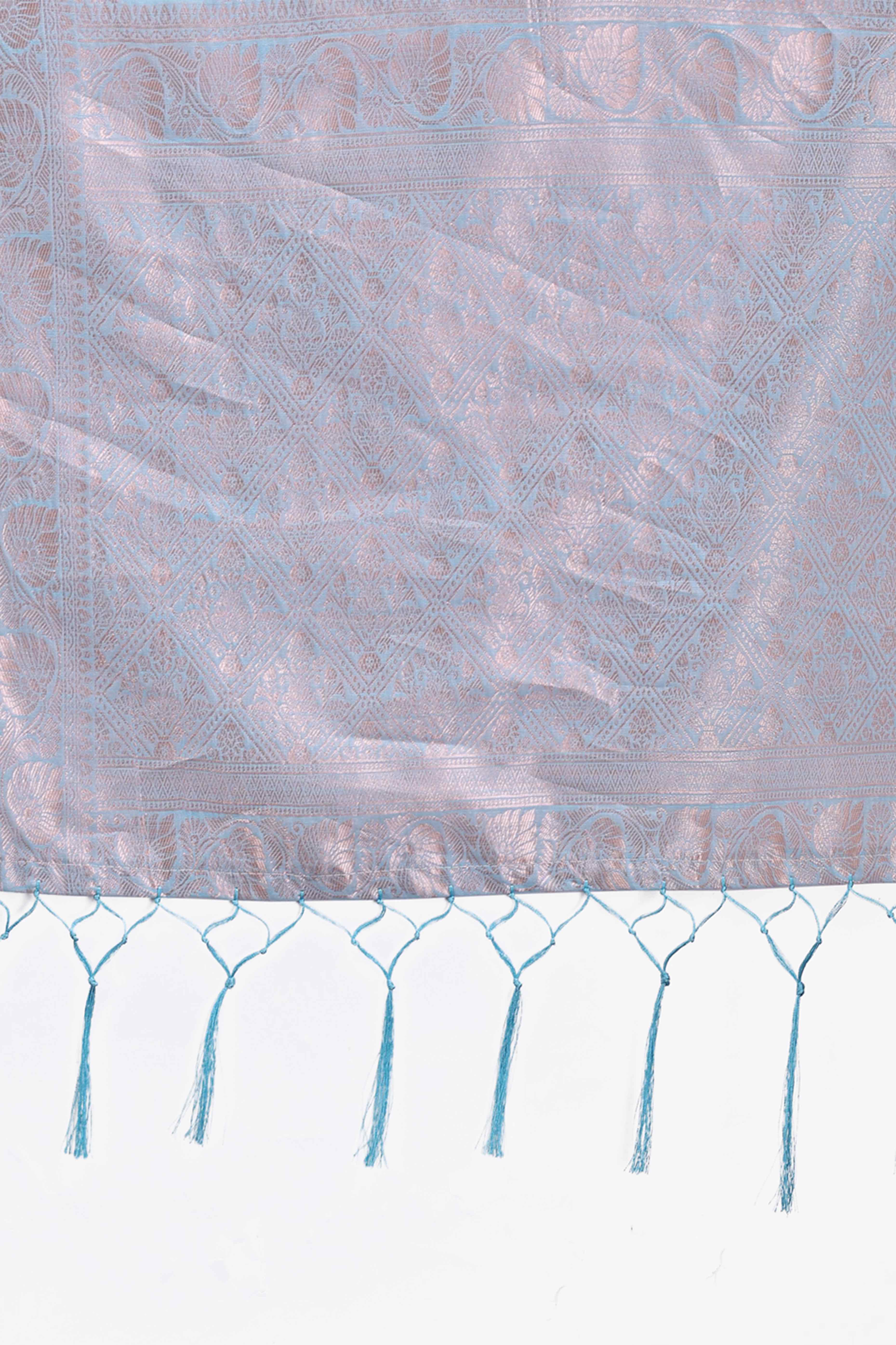 Sky Blue Linen Cotton Saree with Lustrous Zari Borders and Elegant Tassel Accents