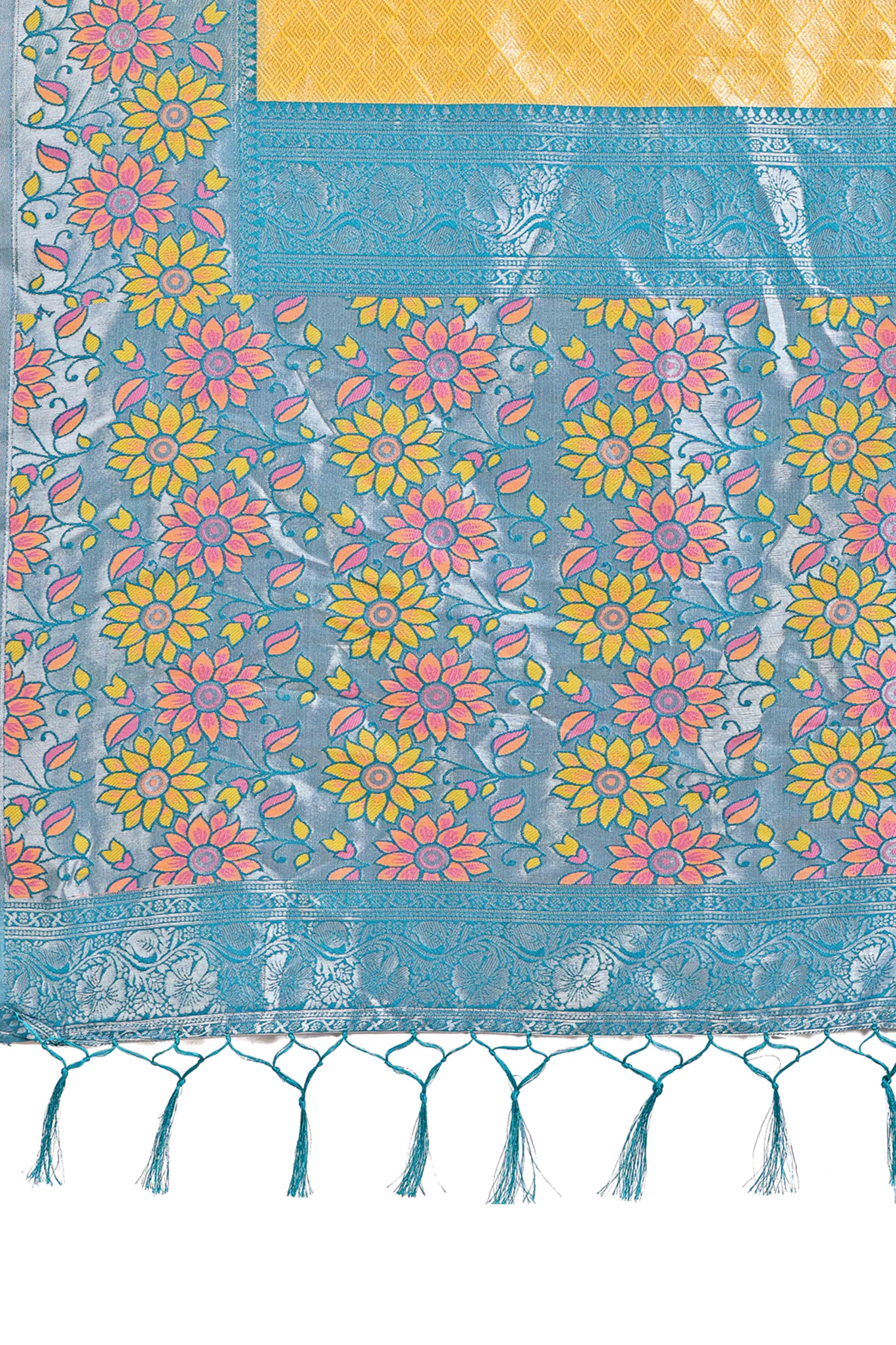 Yellow Lichi Silk Blend Saree With Exquisite Floral Weaving & Graceful Tassel Details