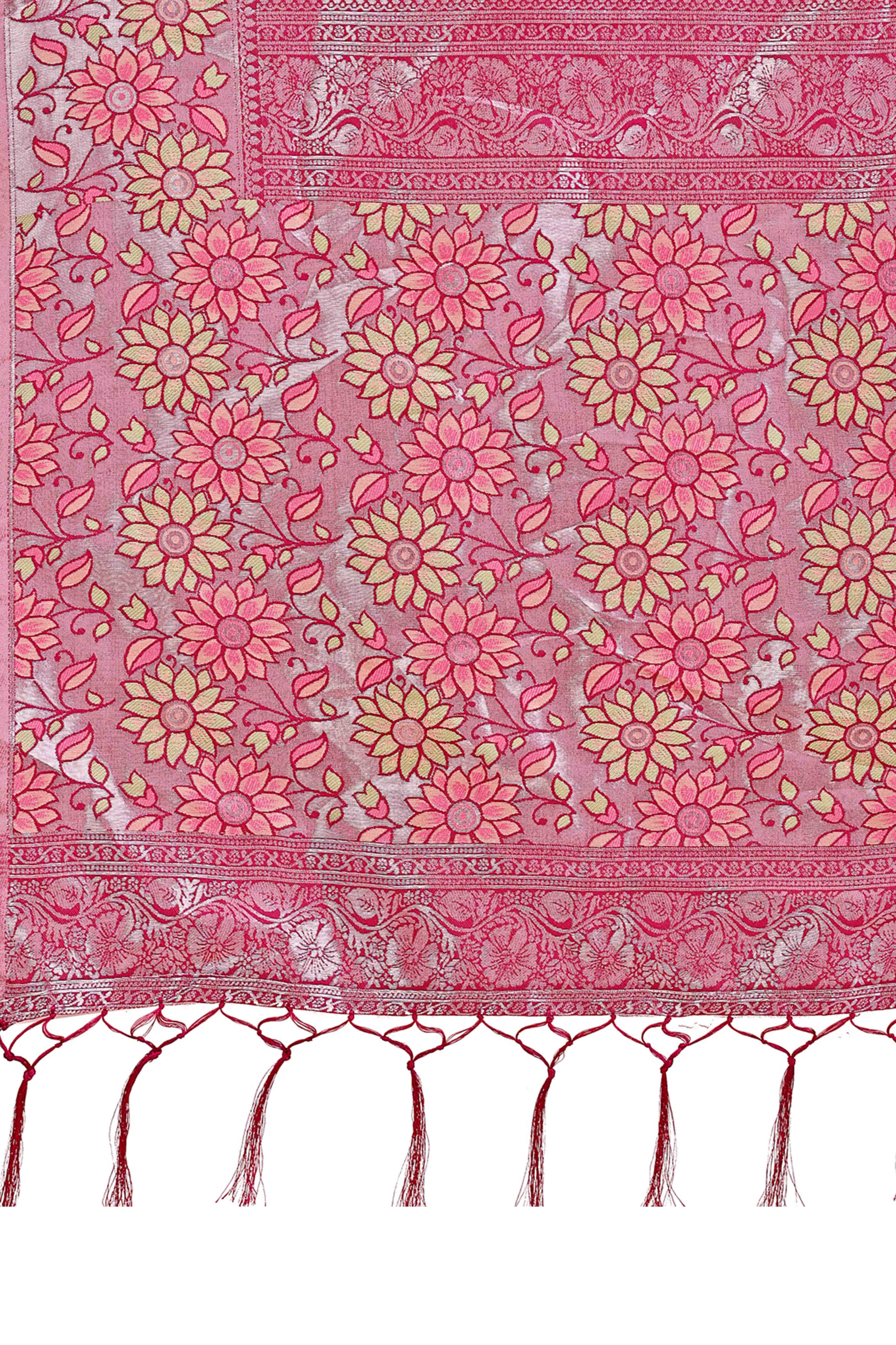 Green Lichi Silk Blend Saree With Exquisite Floral Weaving & Graceful Tassel Details