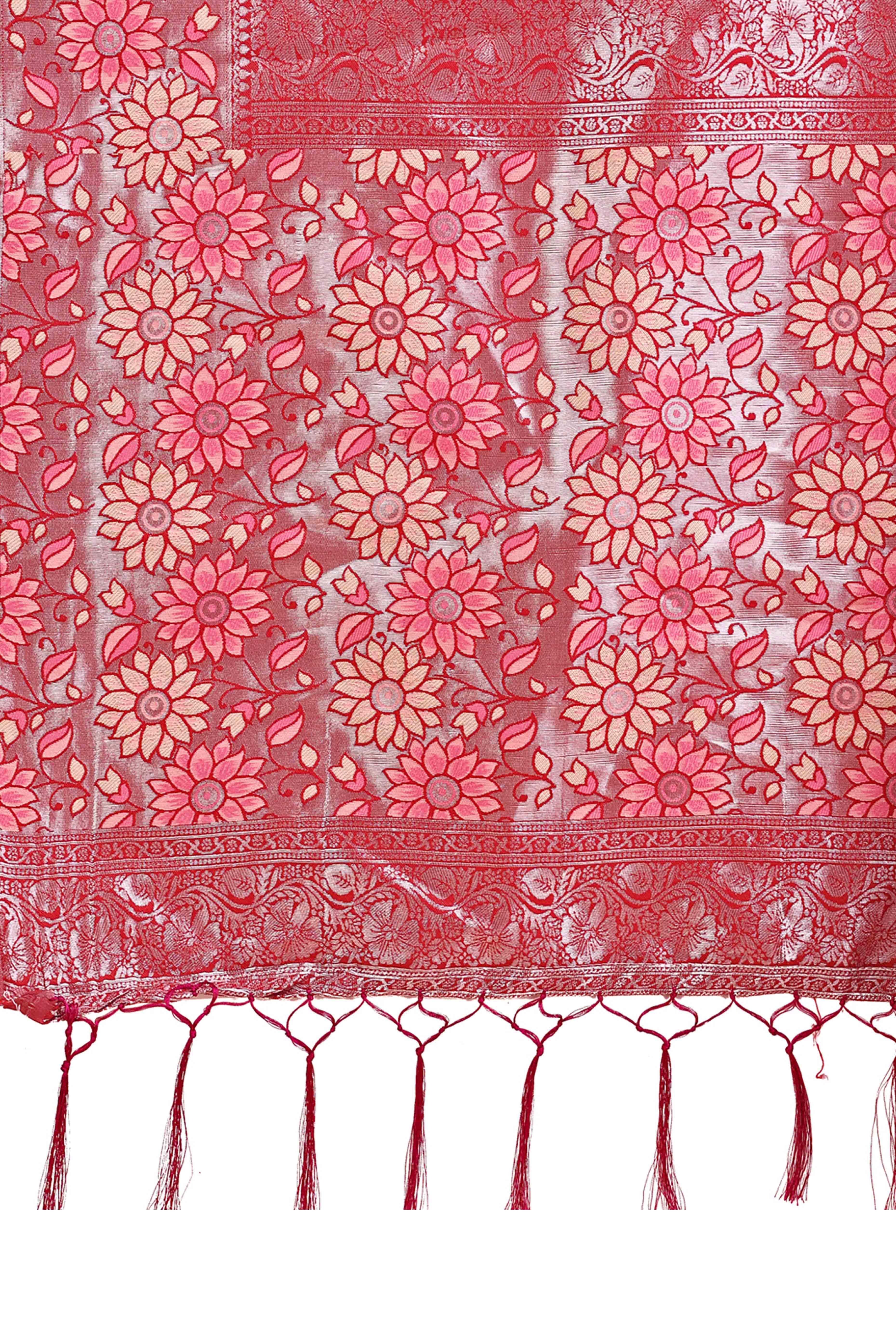 Cream Lichi Silk Blend Saree With Exquisite Floral Weaving & Graceful Tassel Details