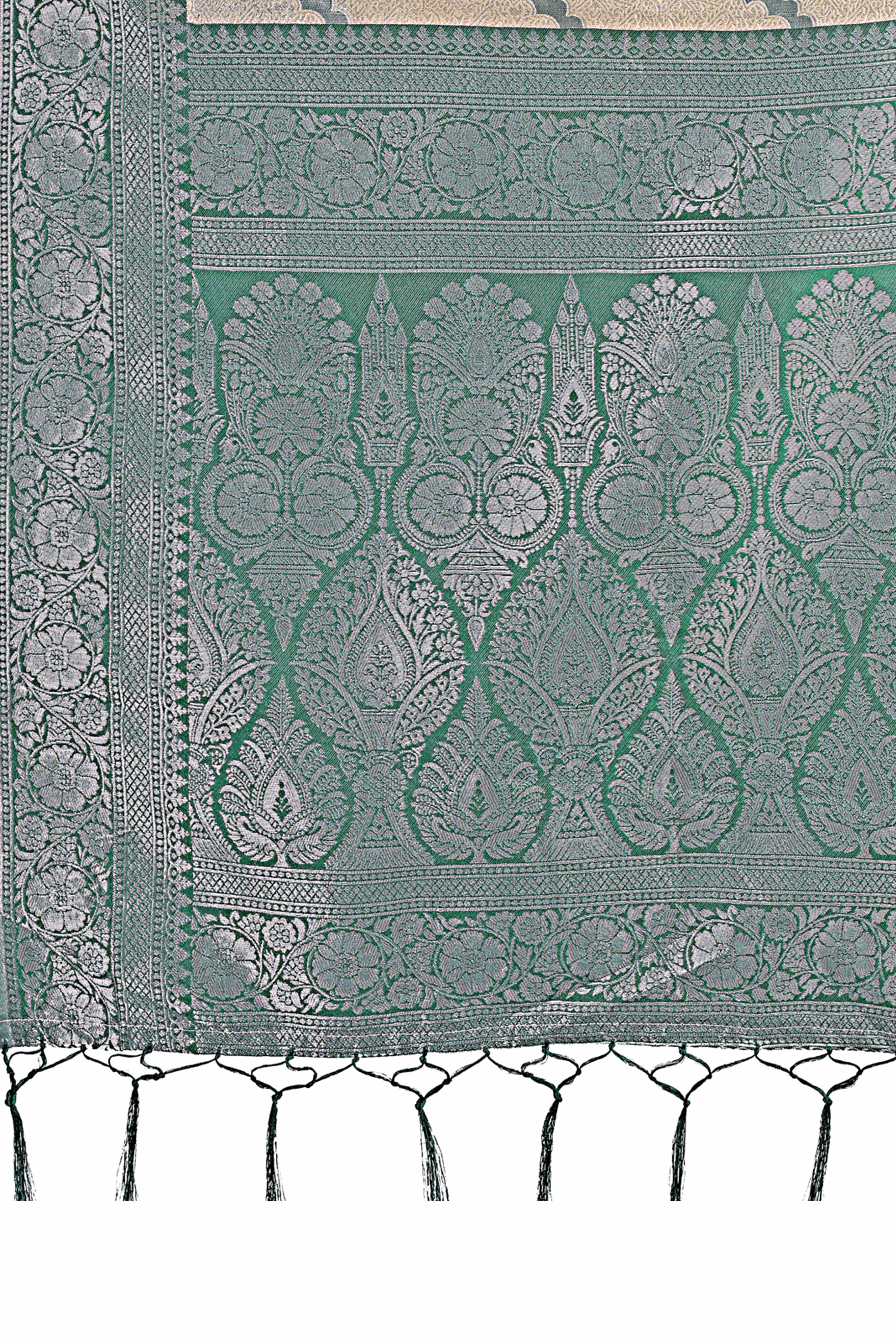 Cream Lichi Cotton Silk Saree Adorned With Floral Zari Weave & Tassels