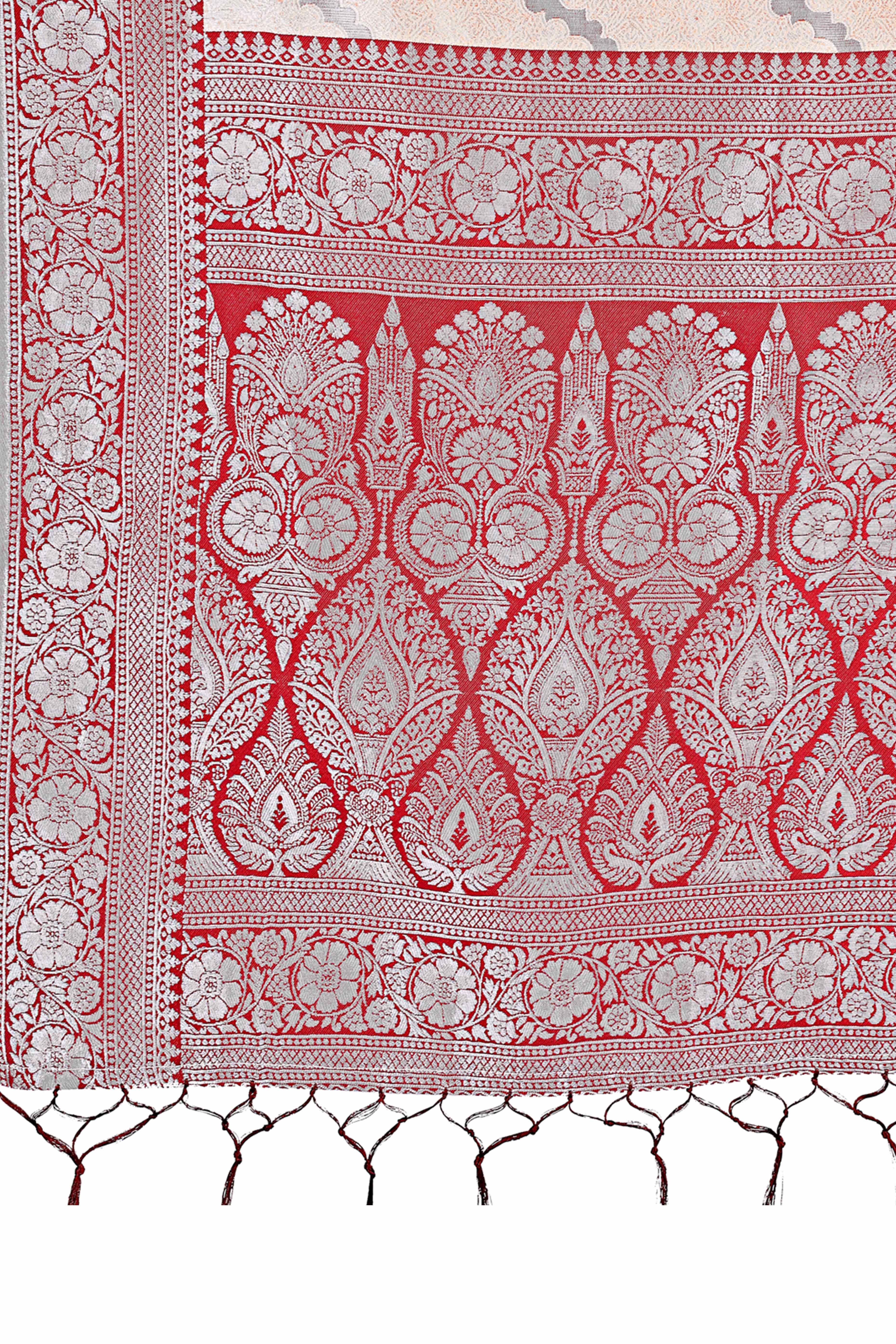 Peach Lichi Cotton Silk Saree Adorned With Floral Zari Weave & Tassels