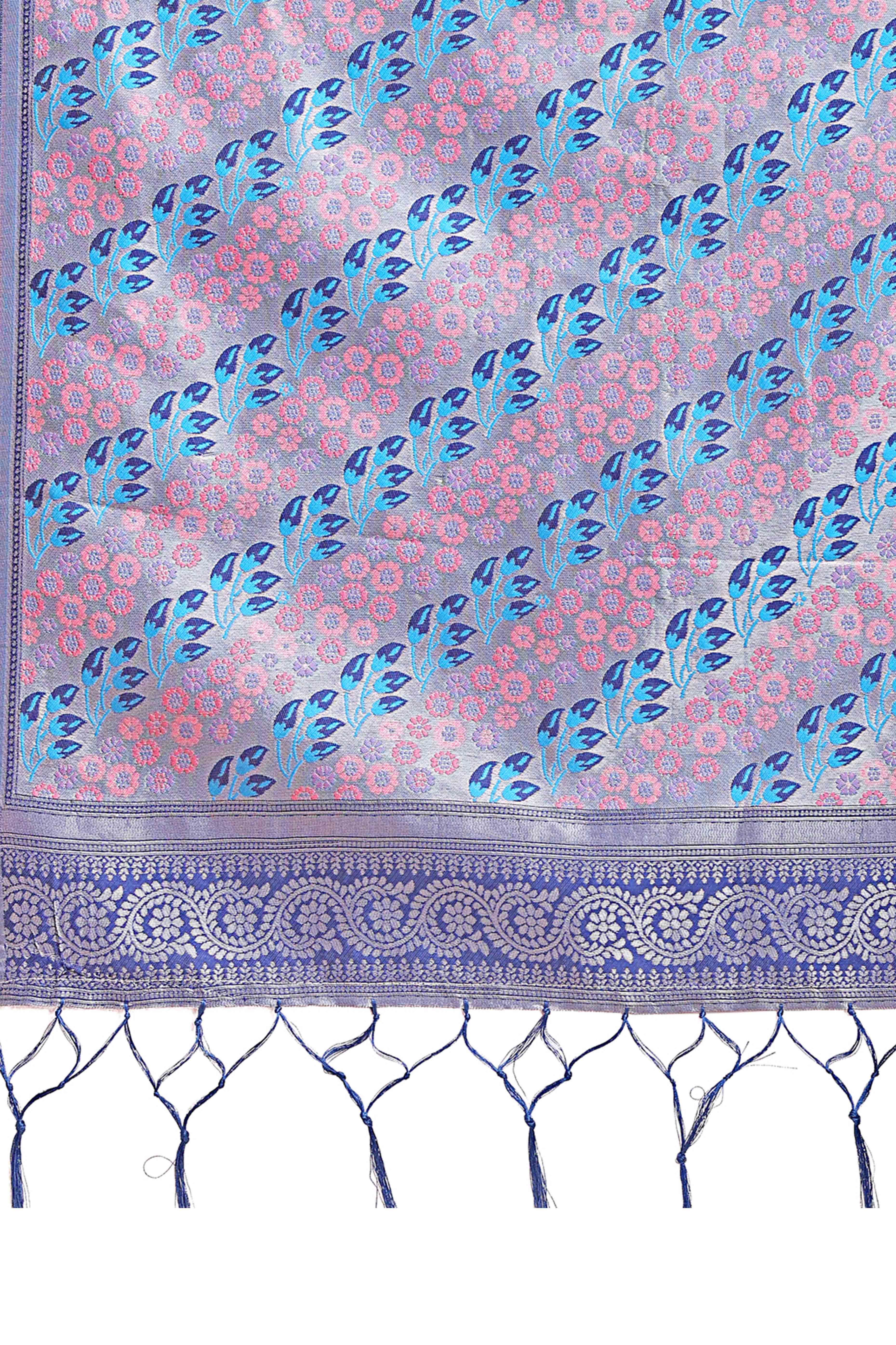 Blue Silk Blend Saree Embellished With Zari Weaving & Tassel Accents