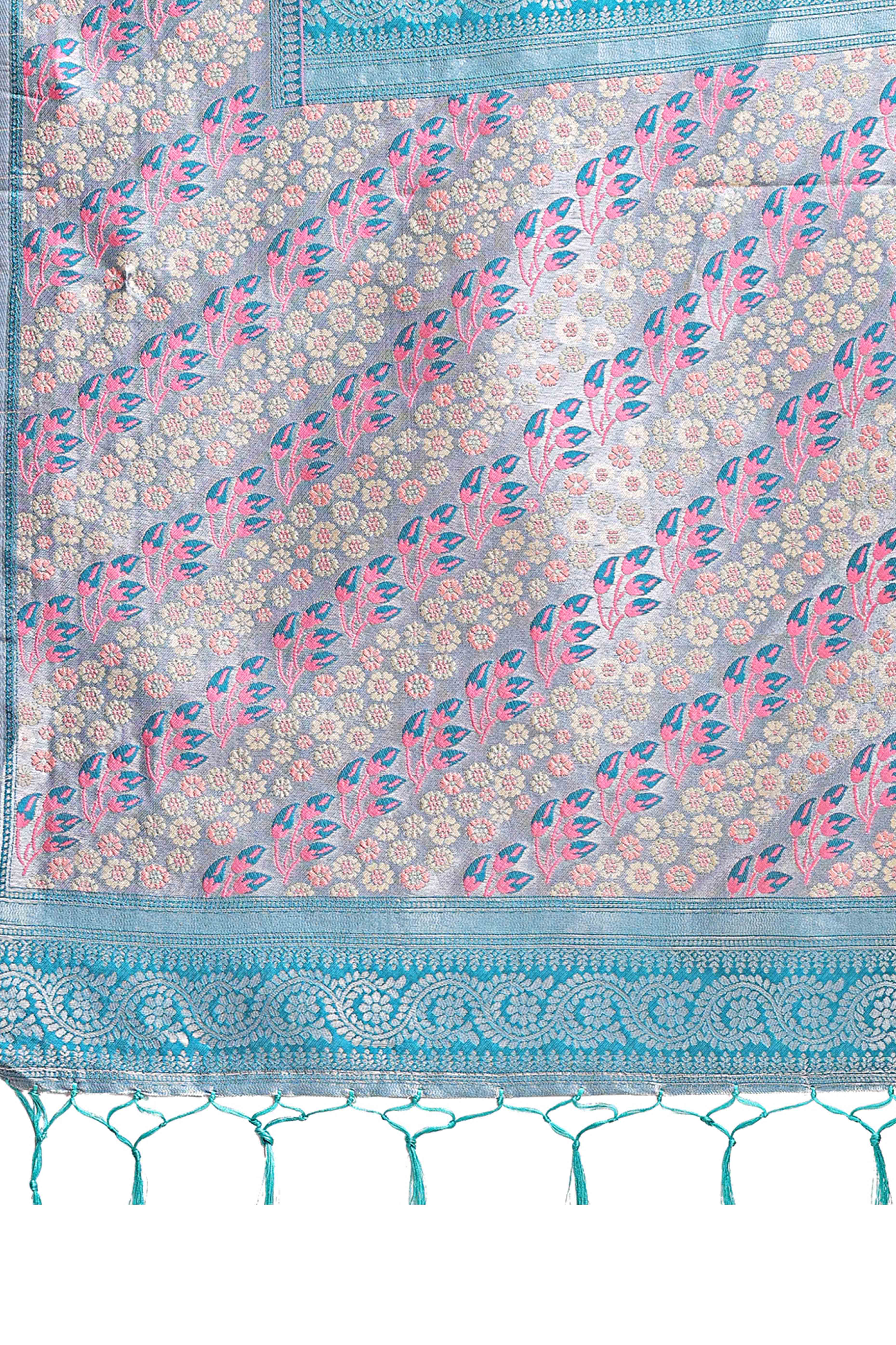 Pink Silk Blend Saree Embellished With Zari Weaving & Tassel Accents