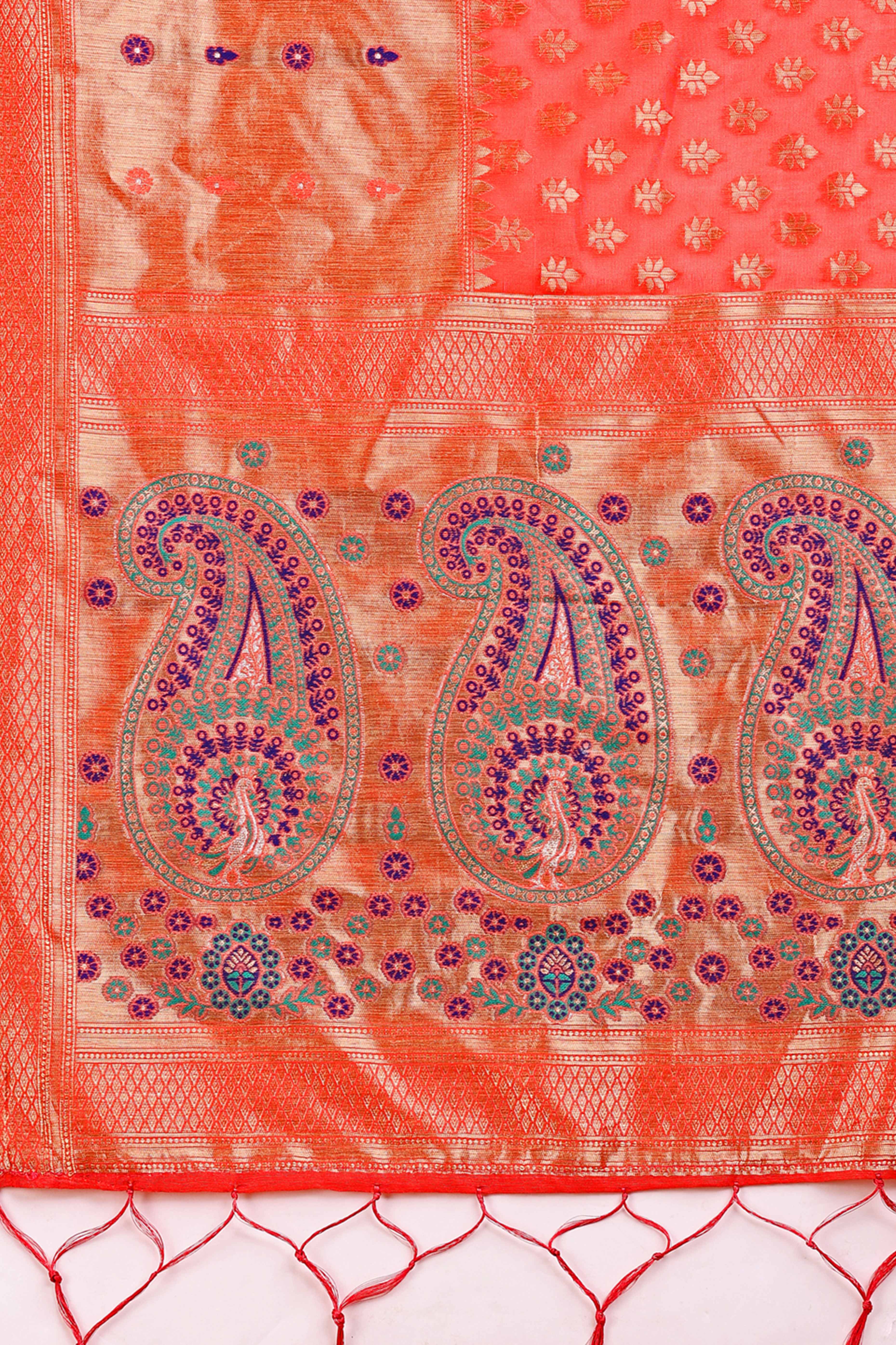 Peach Zari Butti Weaving Linen Cotton Saree