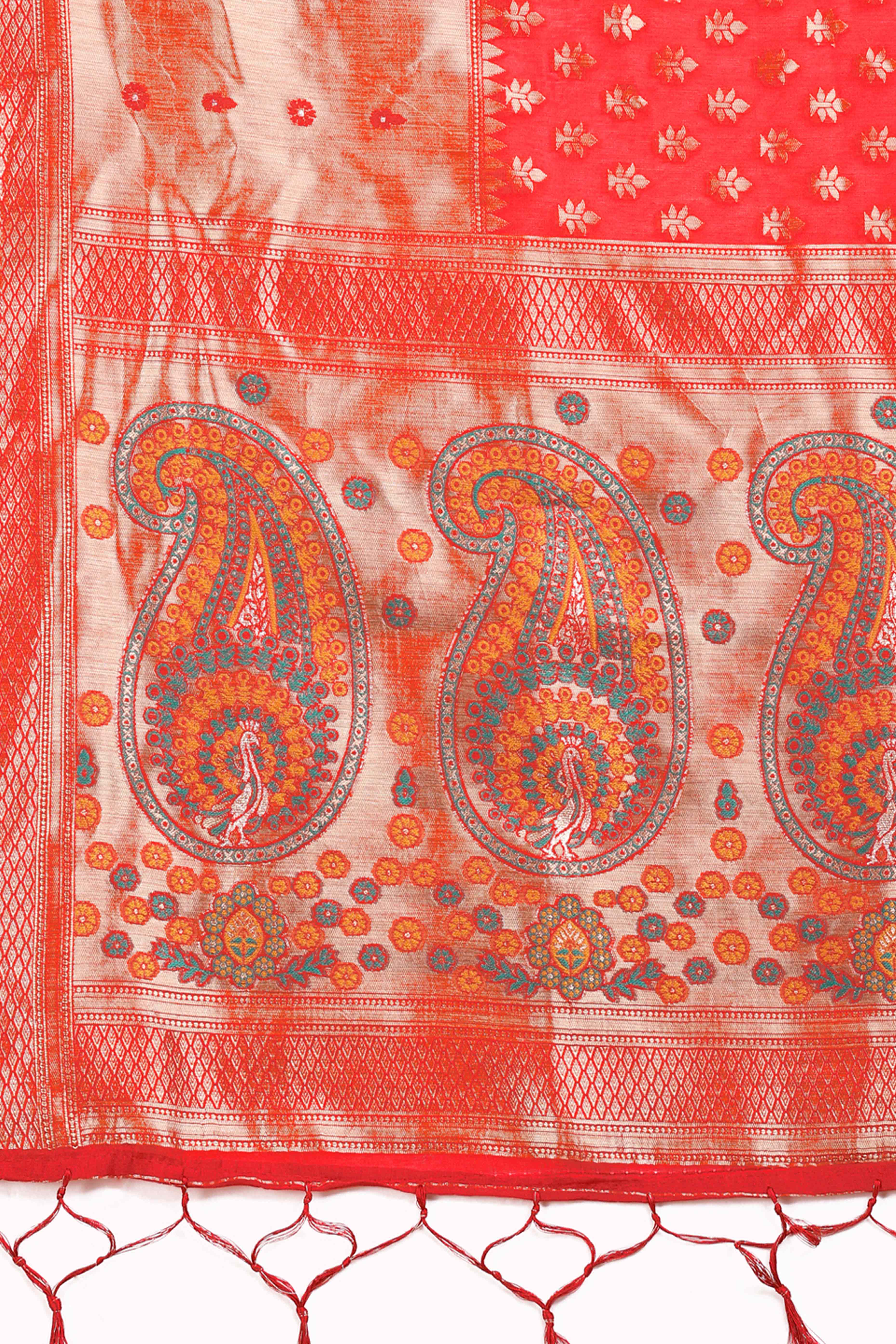 Red Zari Butti Weaving Linen Cotton Saree