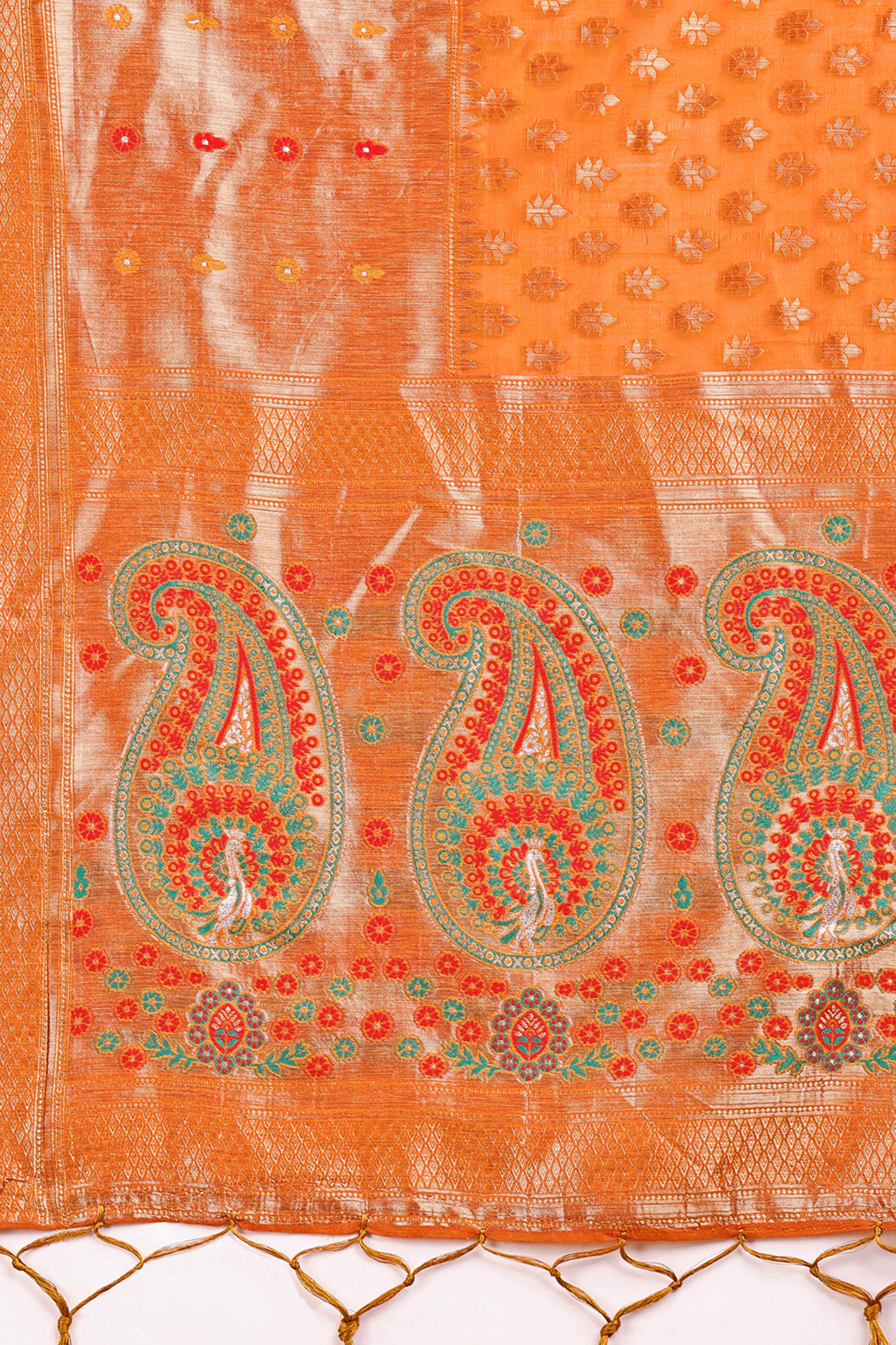 Rust Orange Zari Butti Weaving Linen Cotton Saree