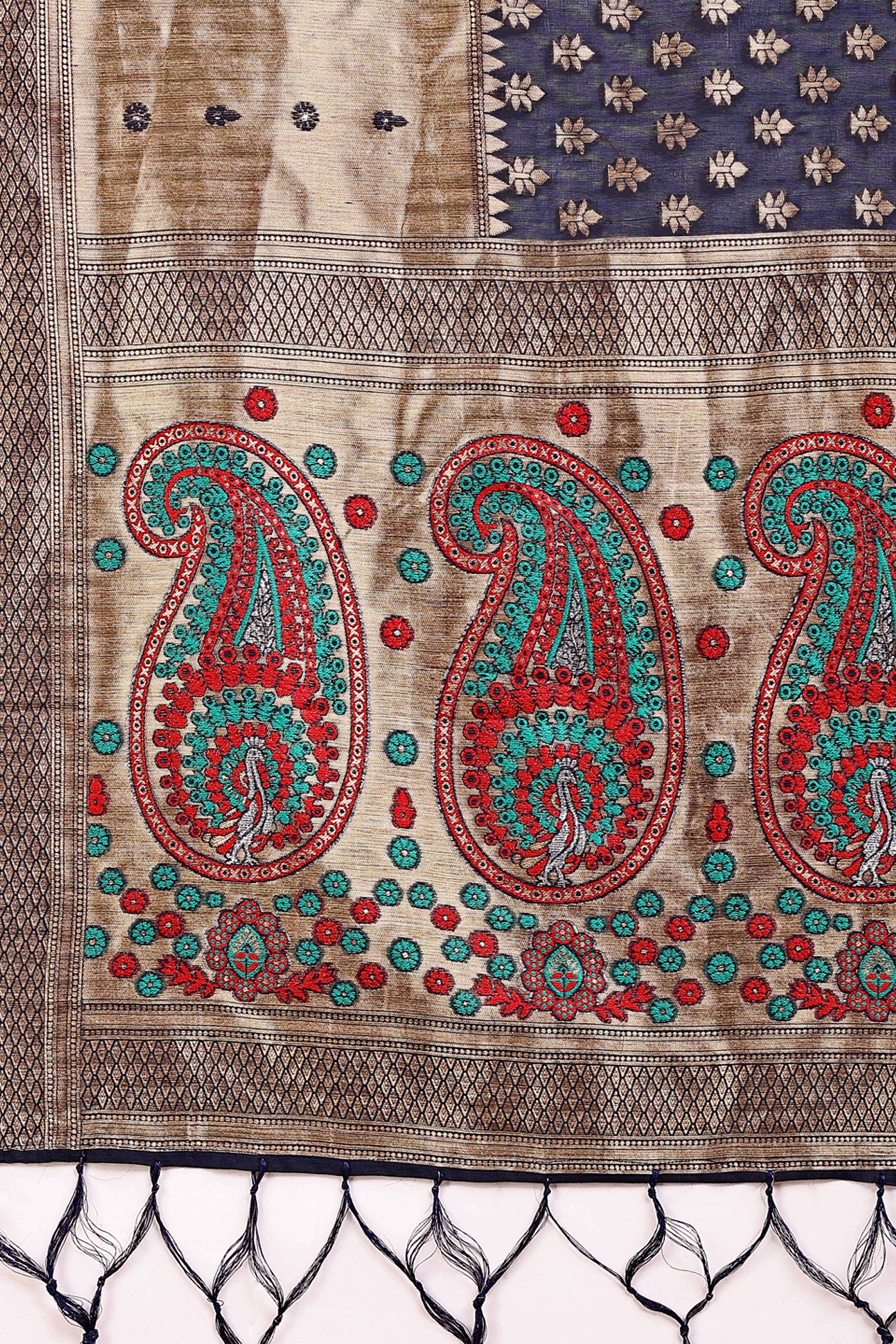 Navy Blue Zari Butti Weaving Linen Cotton Saree