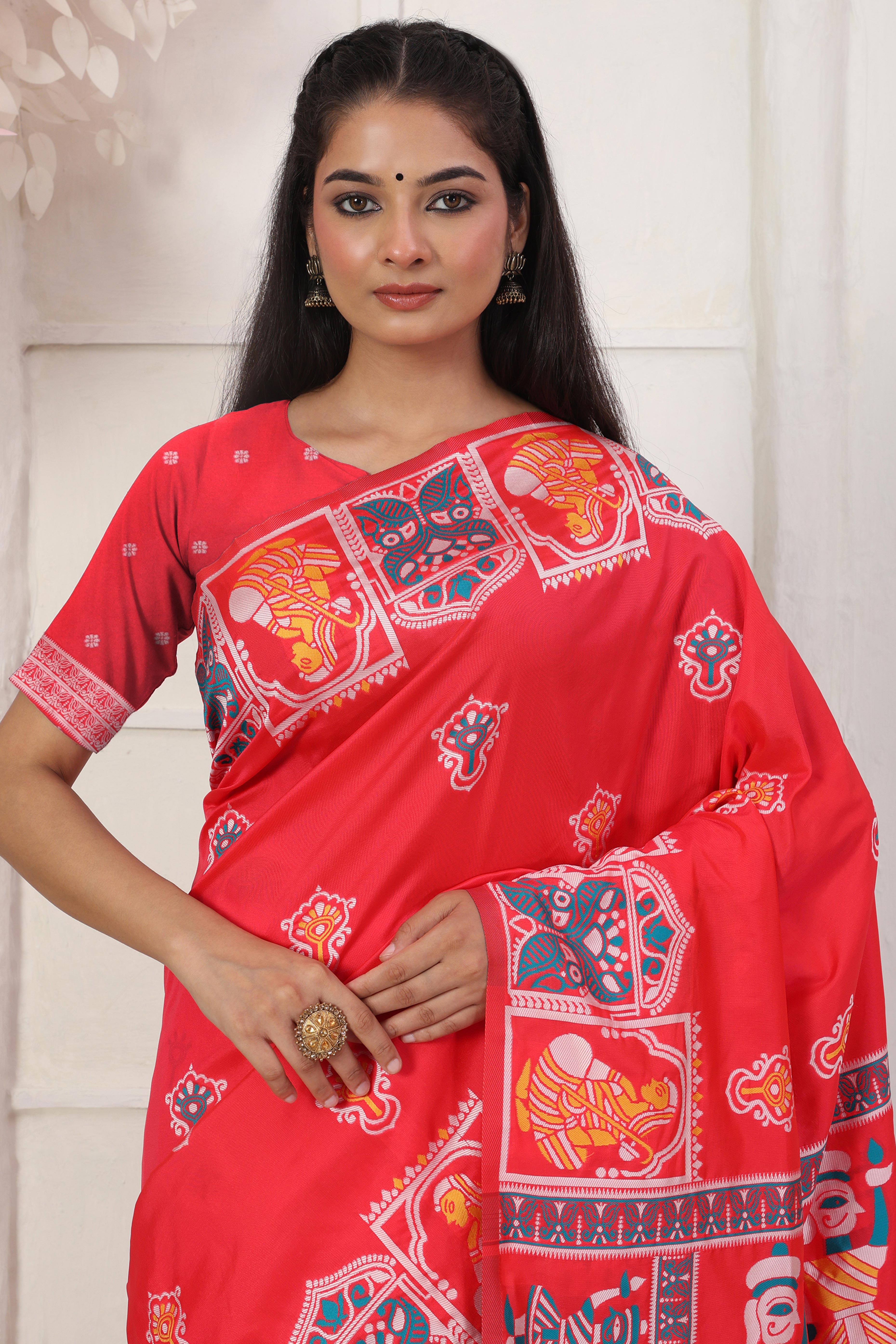 Red Ethnic Madhubani Print Silk Blend Saree Enhanced With Tassel Pallu Accents