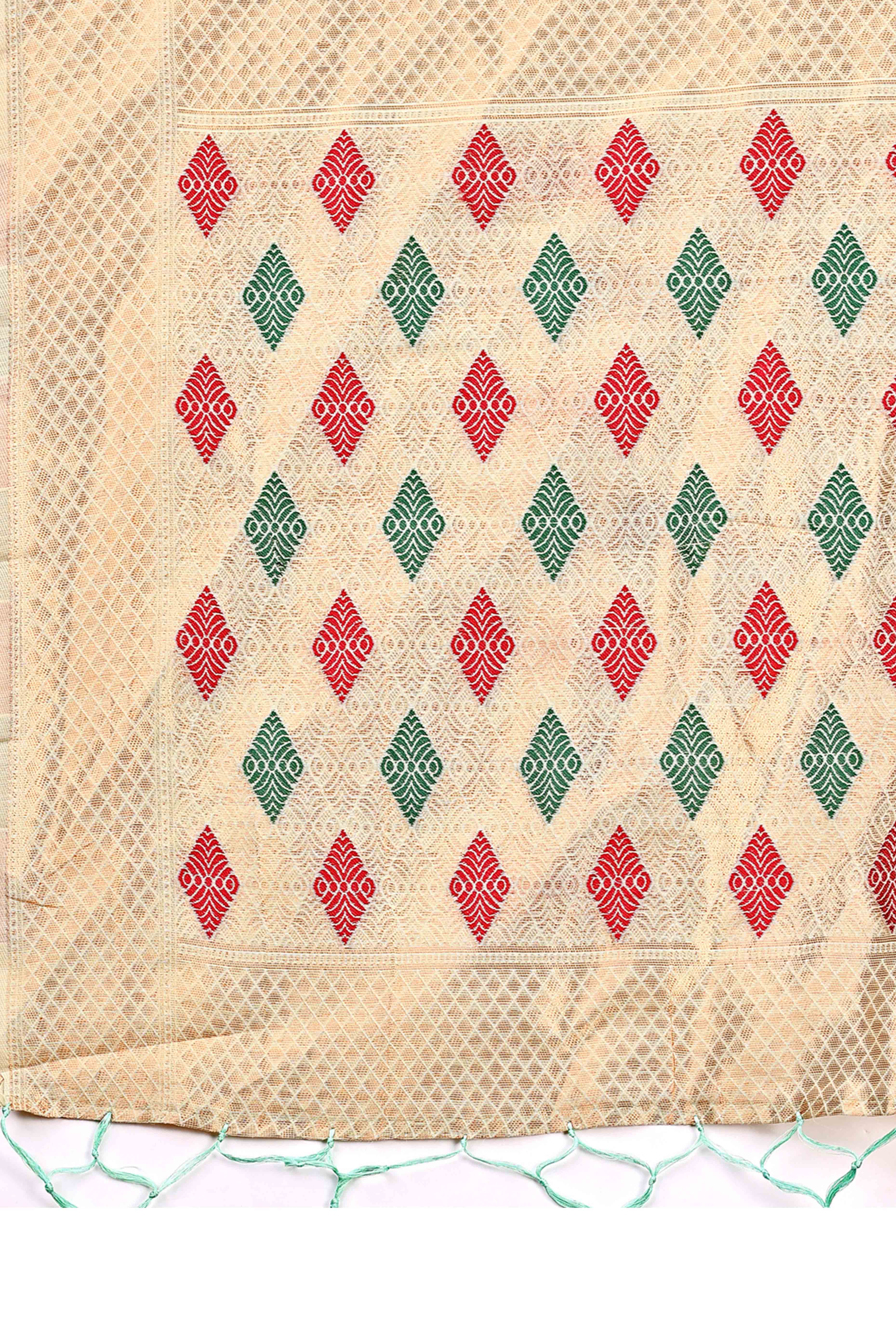 Light Green Floral Zari Weaving Linen Cotton Saree With Tassel Pallu Accent