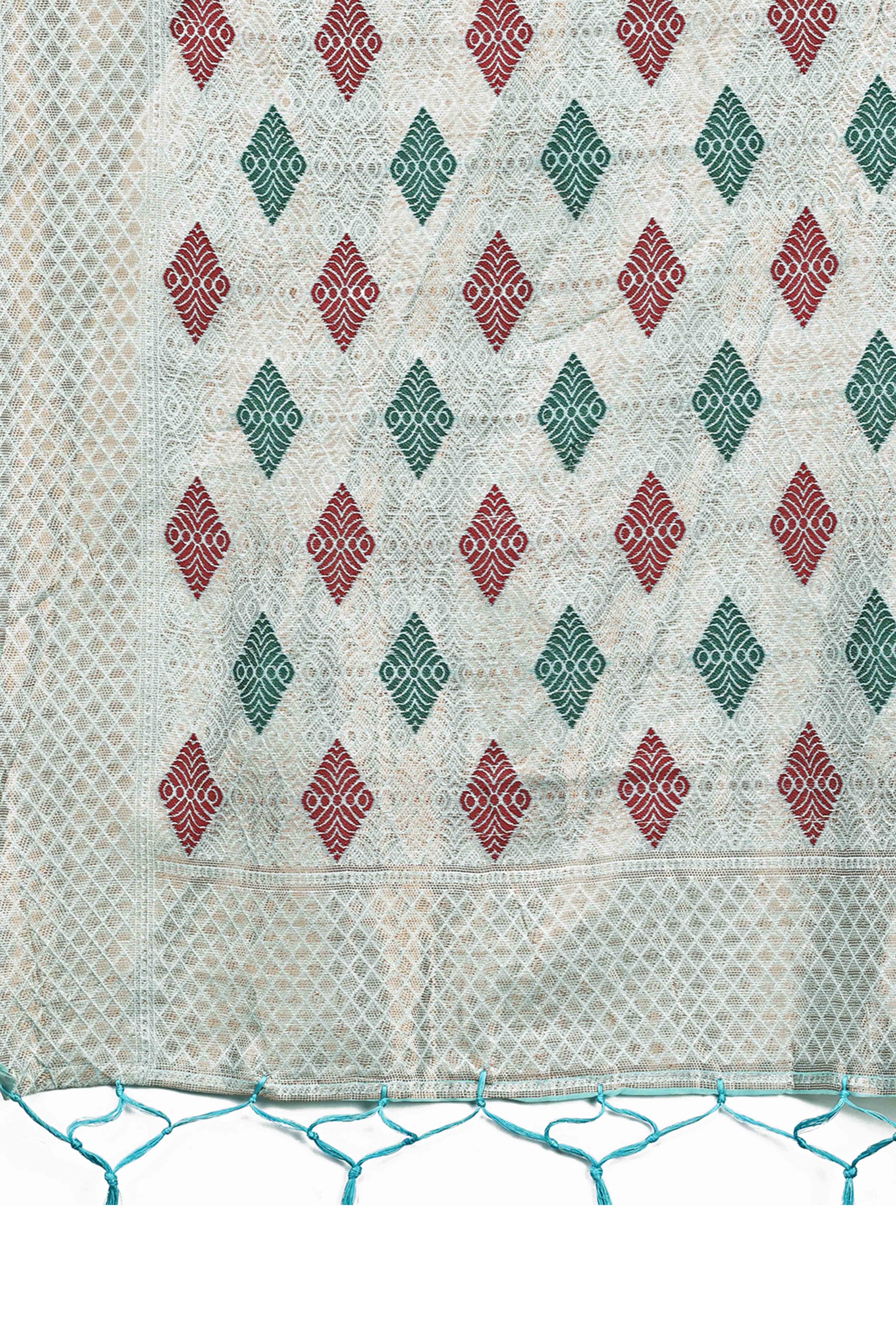 Sky Blue Floral Zari Weaving Linen Cotton Saree With Tassel Pallu Accent