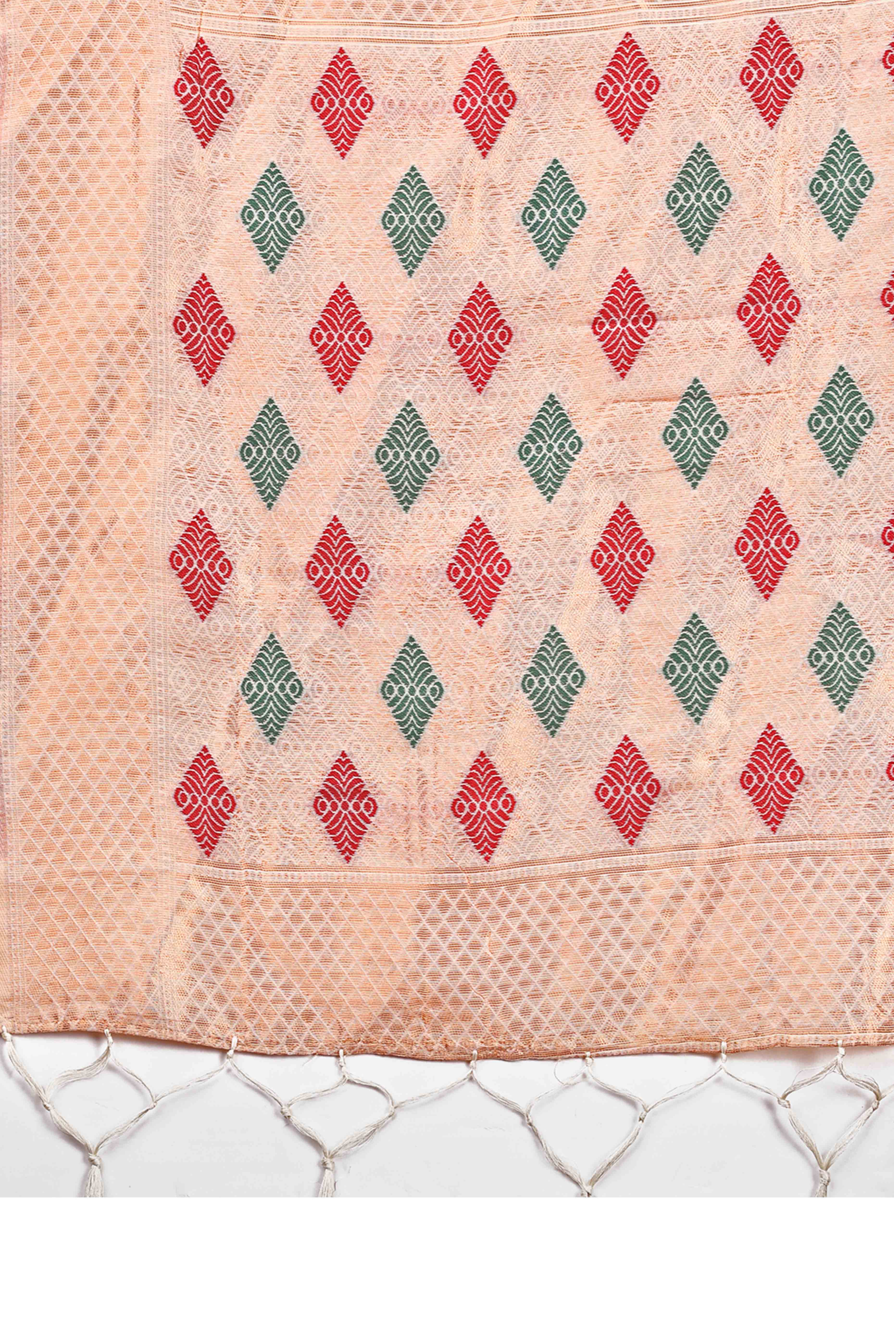 Offwhite Floral Zari Weaving Linen Cotton Saree With Tassel Pallu Accent