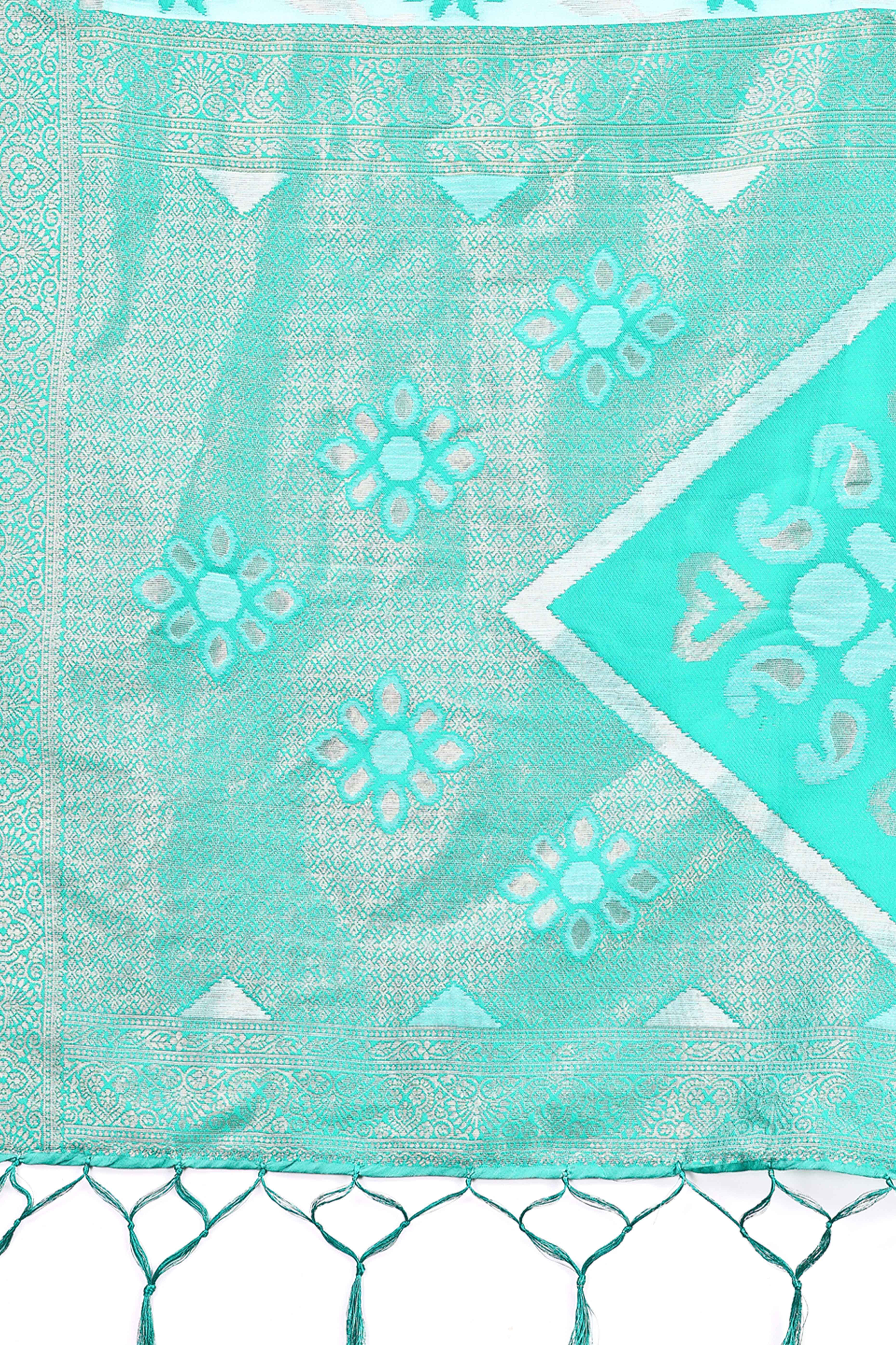 Sea Green Ethnic Saree in Linen Cotton Fabric with Intricate Floral Pattern Weaving