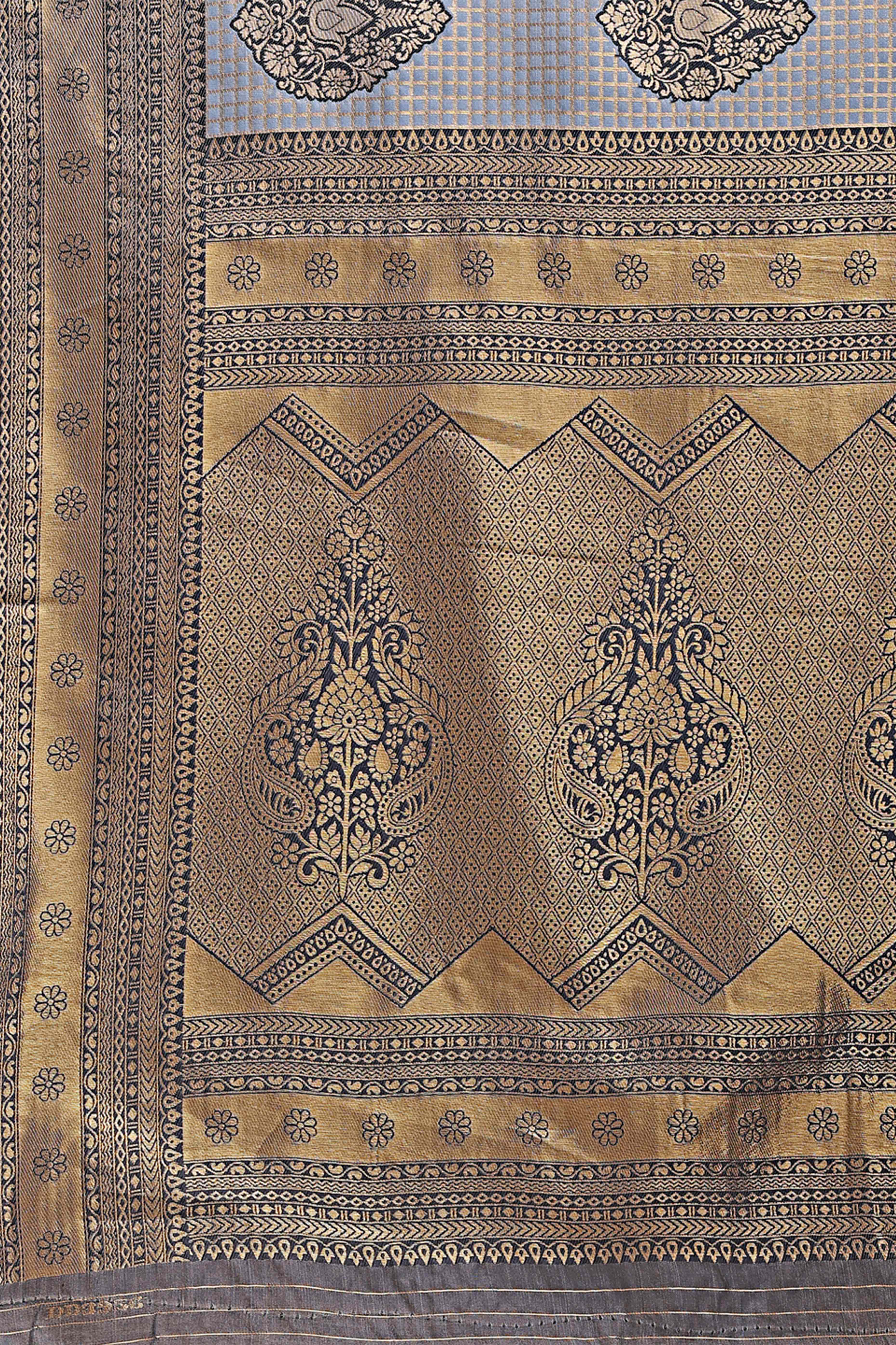Grey Saree in Pure Banarasi Silk with Intricate Zari Borders and Motifs