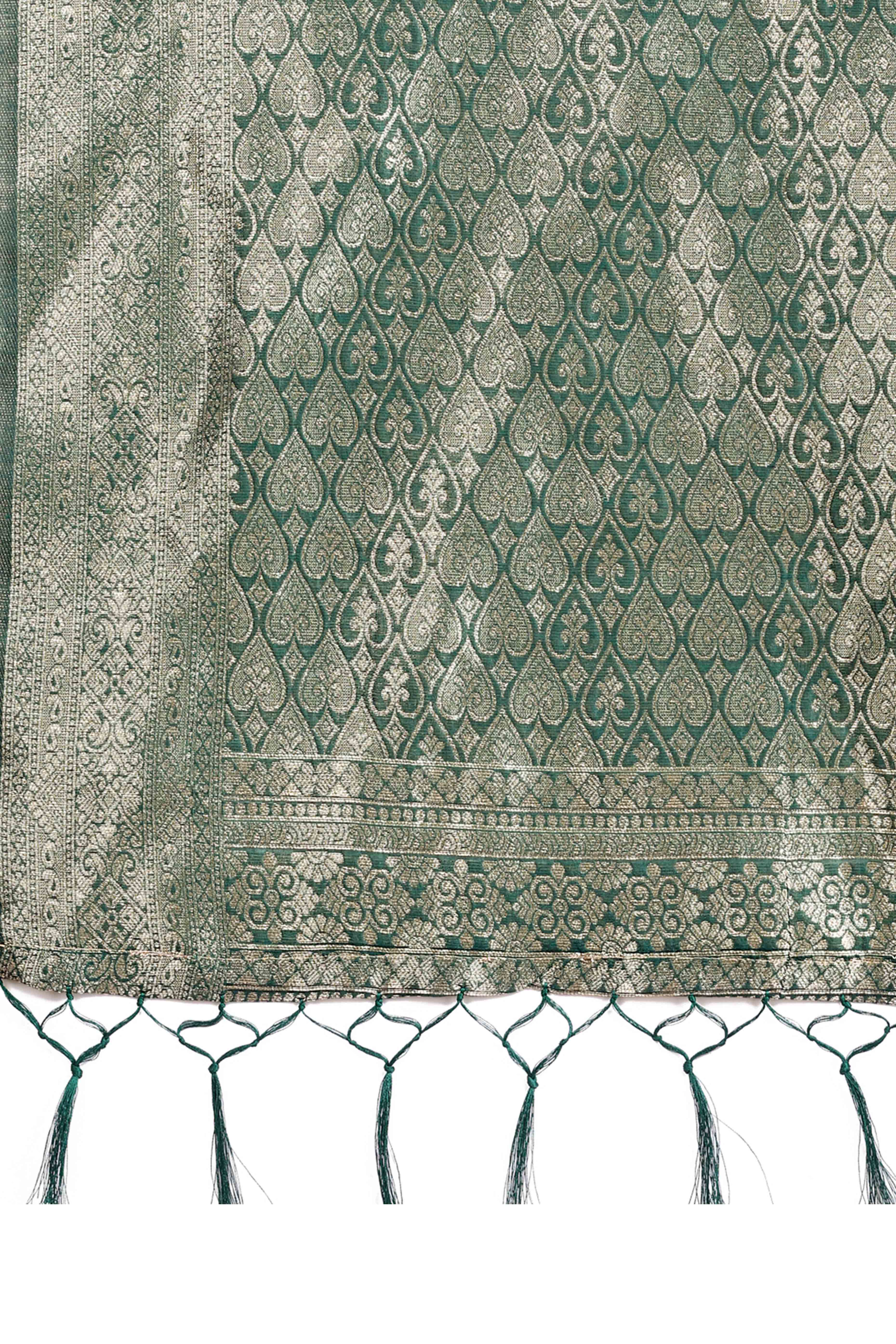 Floral Weaving On Green Cotton Blend Saree With Tassels