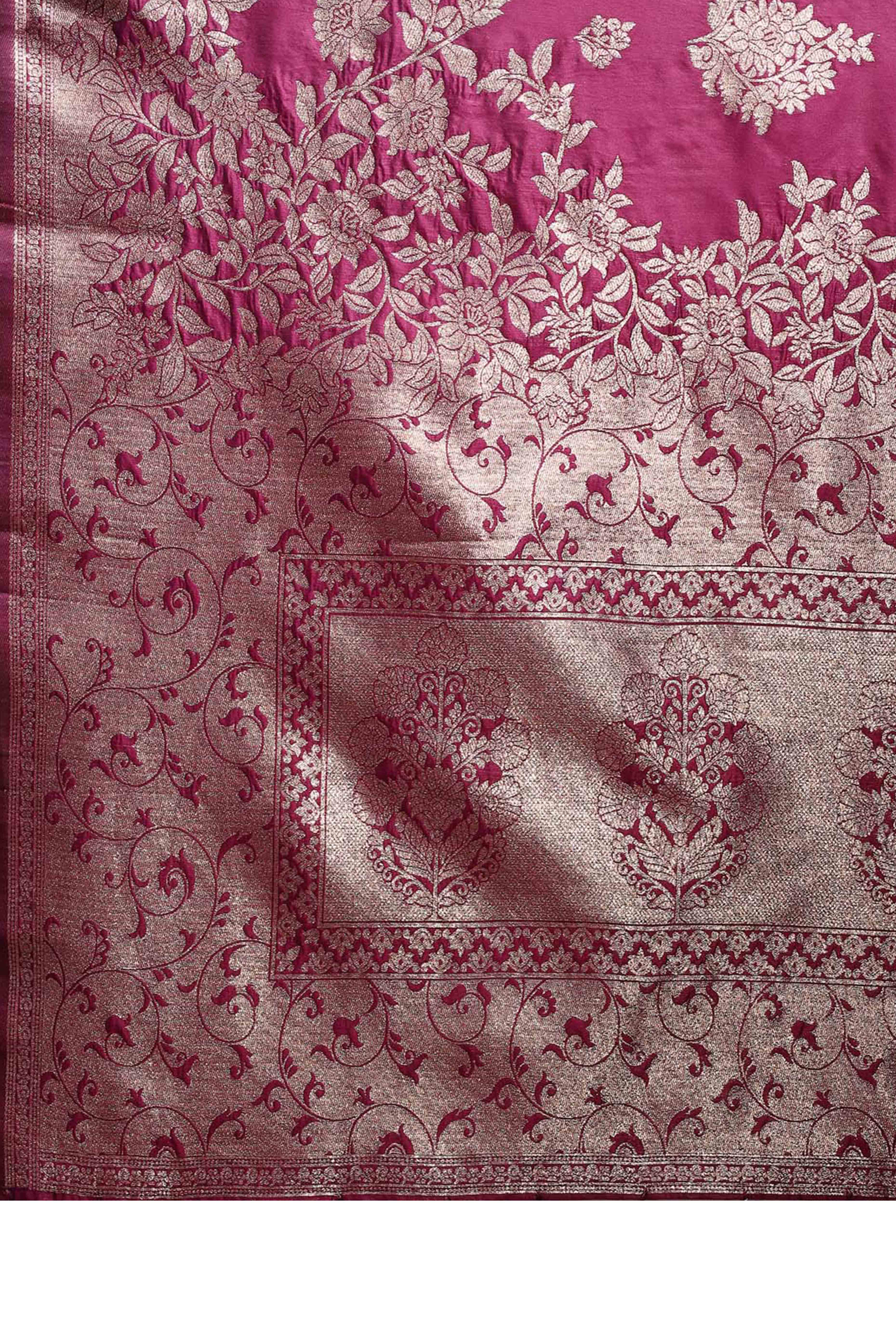 Wine Banarasi Silk Saree With Floral Zari Weaving & Elegant Tassels