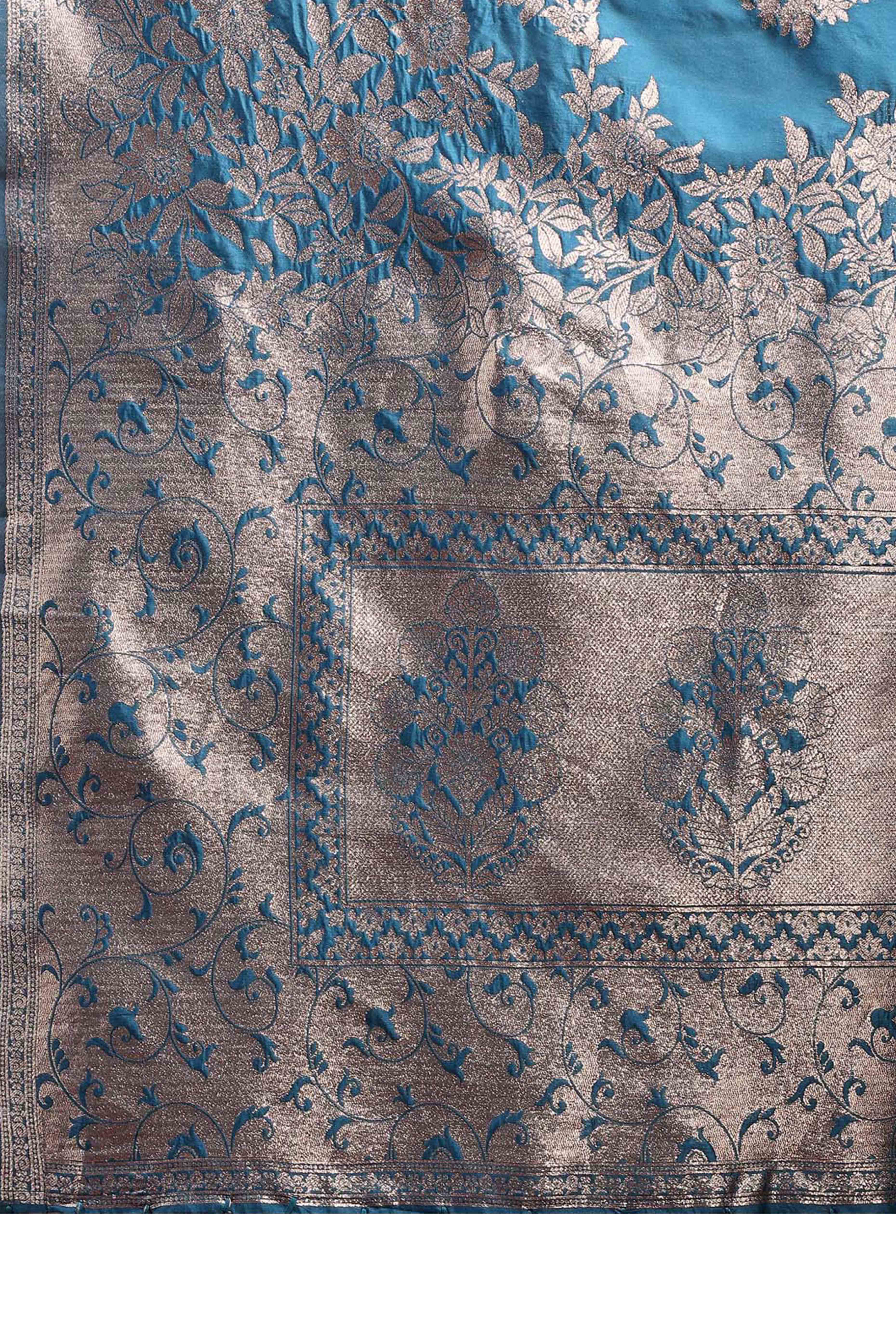 Deep Teal Blue Banarasi Silk Saree With Floral Zari Weaving & Elegant Tassels