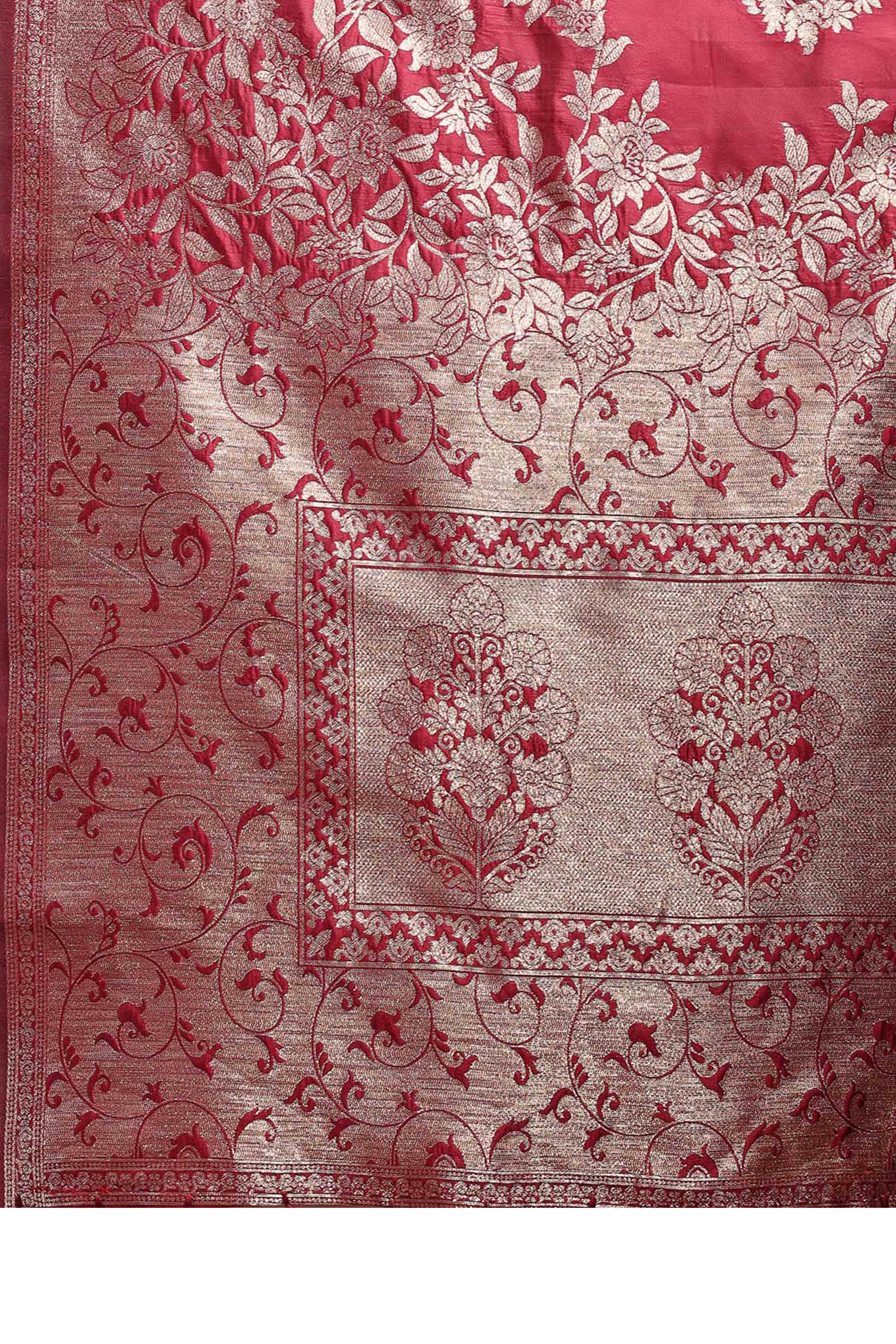 Maroon Banarasi Silk Saree With Floral Zari Weaving & Elegant Tassels
