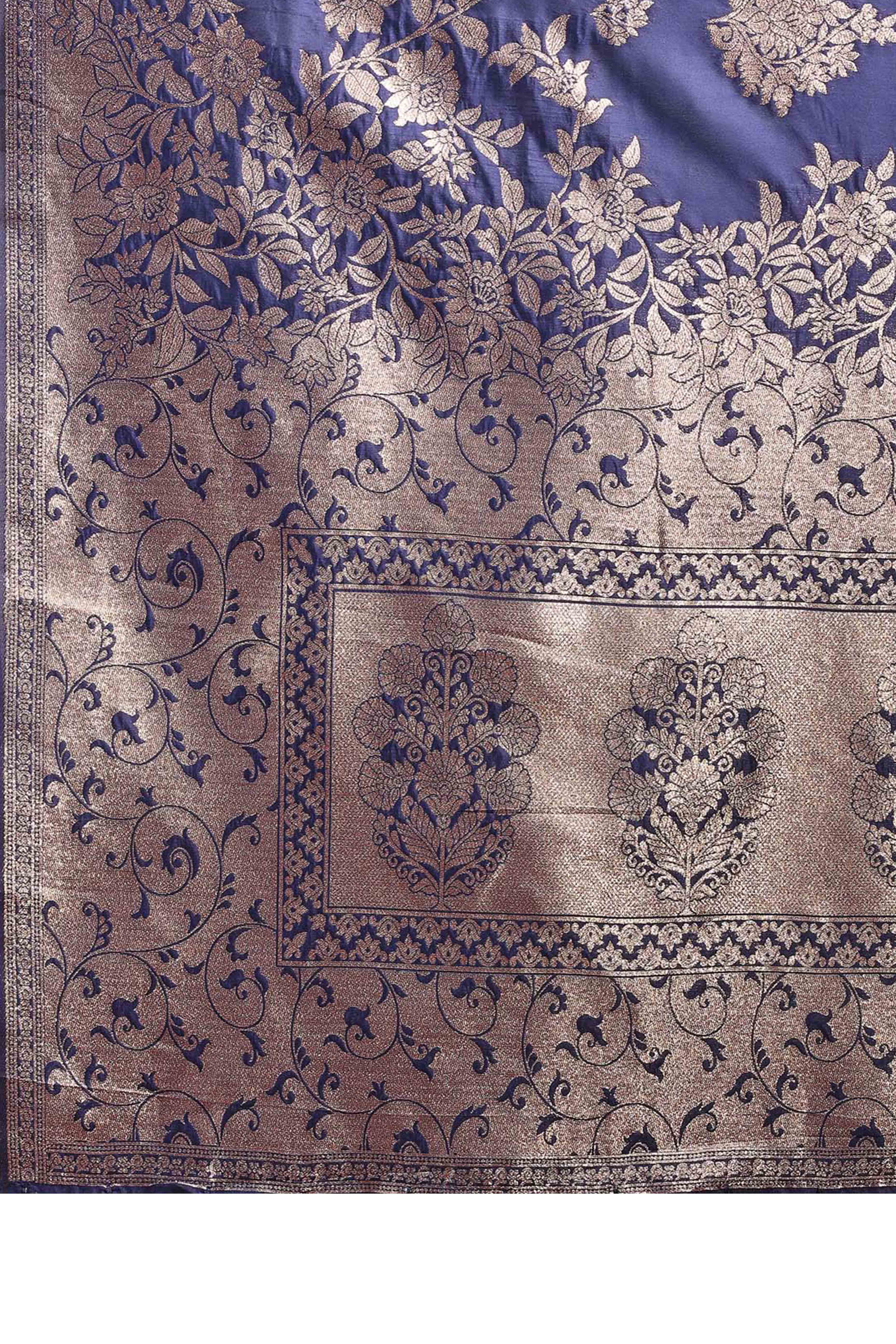 Navy Blue Banarasi Silk Saree With Floral Zari Weaving & Elegant Tassels