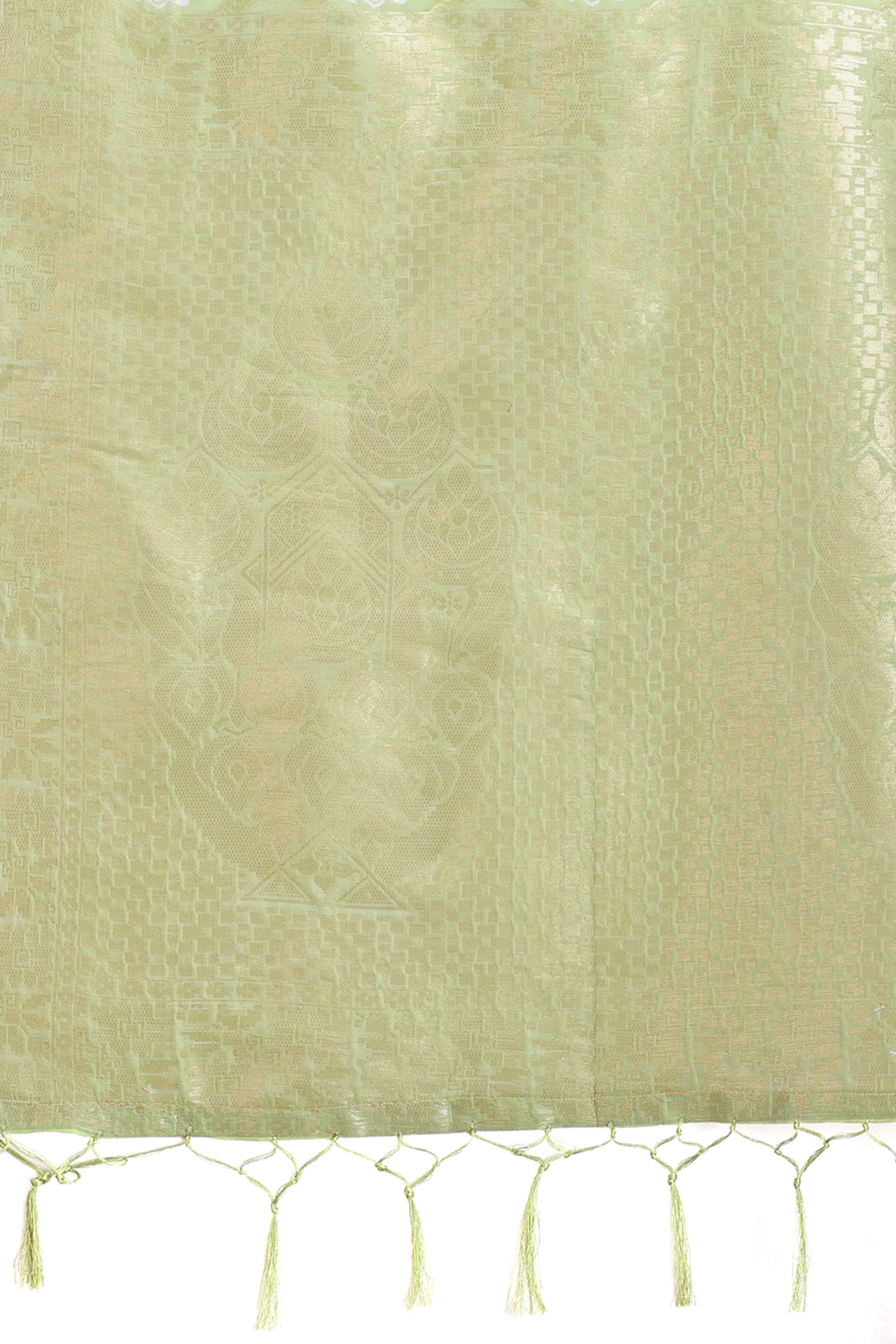 Light Green Zari Woven Linen Cotton Saree with Graceful Tassels