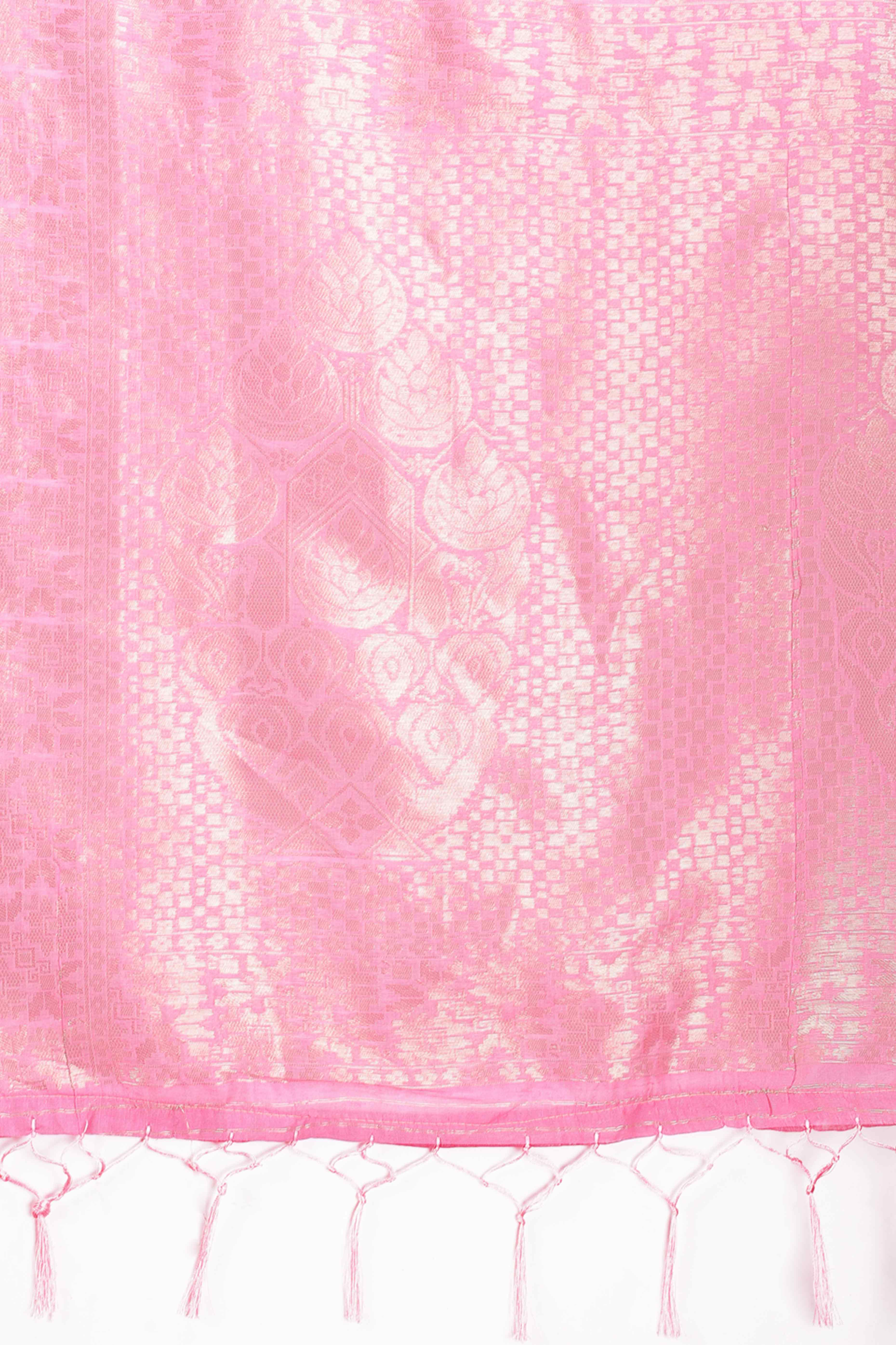 Pink Zari Woven Linen Cotton Saree with Graceful Tassels