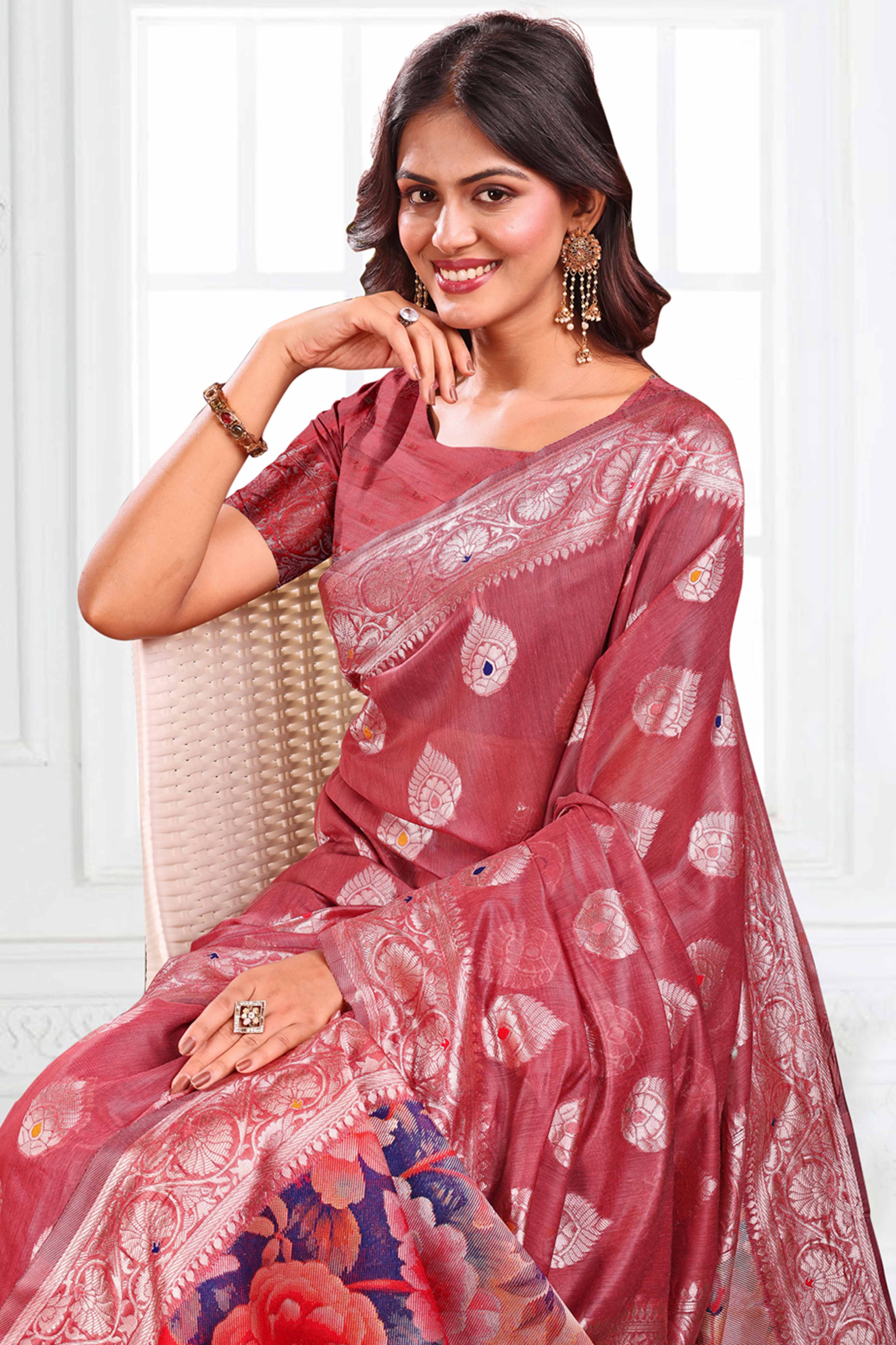 Deep Rose Pink Linen Cotton Silk Saree Adorned With Intricate Floral Zari Weaving & Tassel Pallu