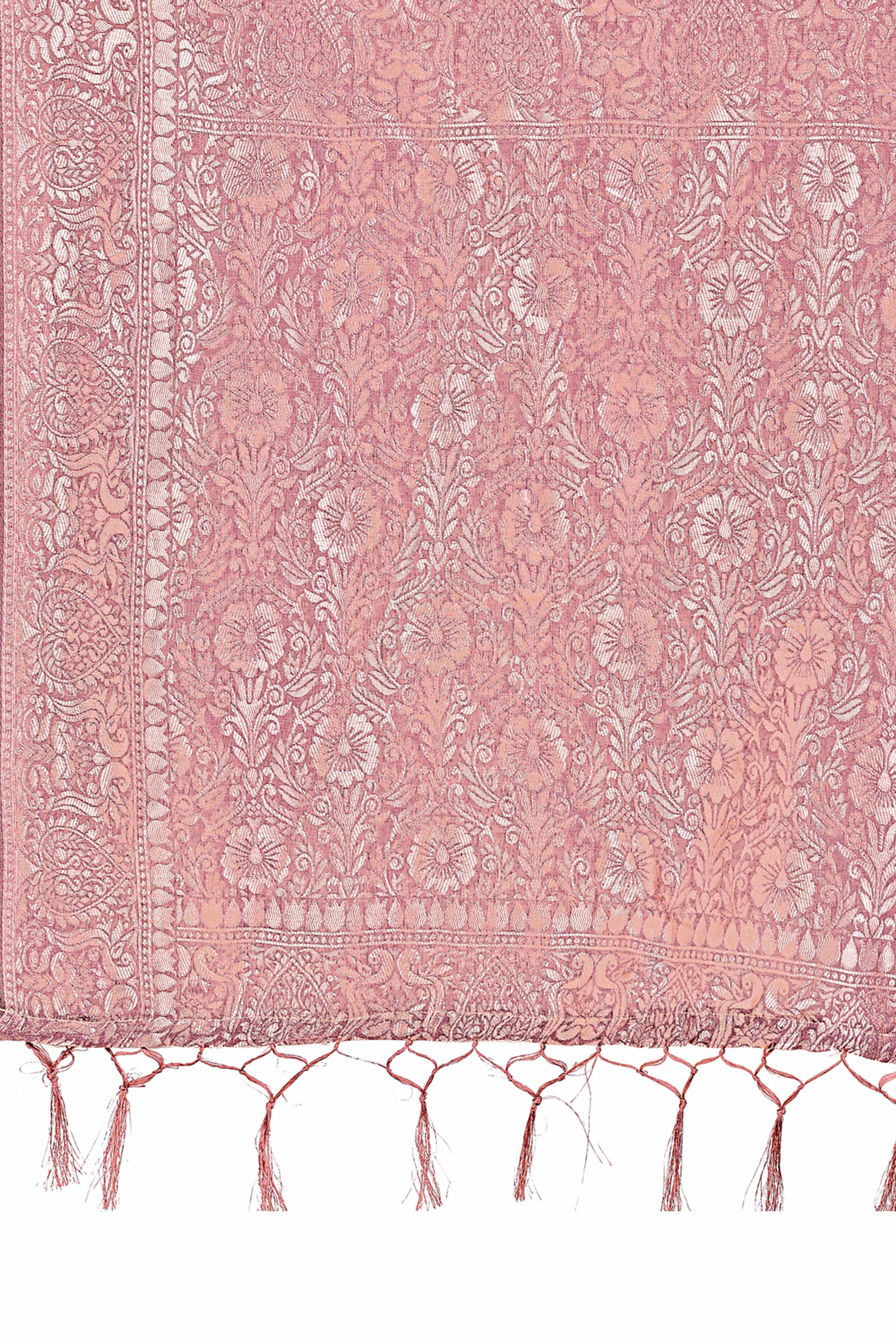 Purple Linen Cotton Saree With Floral Zari Weaving & Delicate Tassel Border