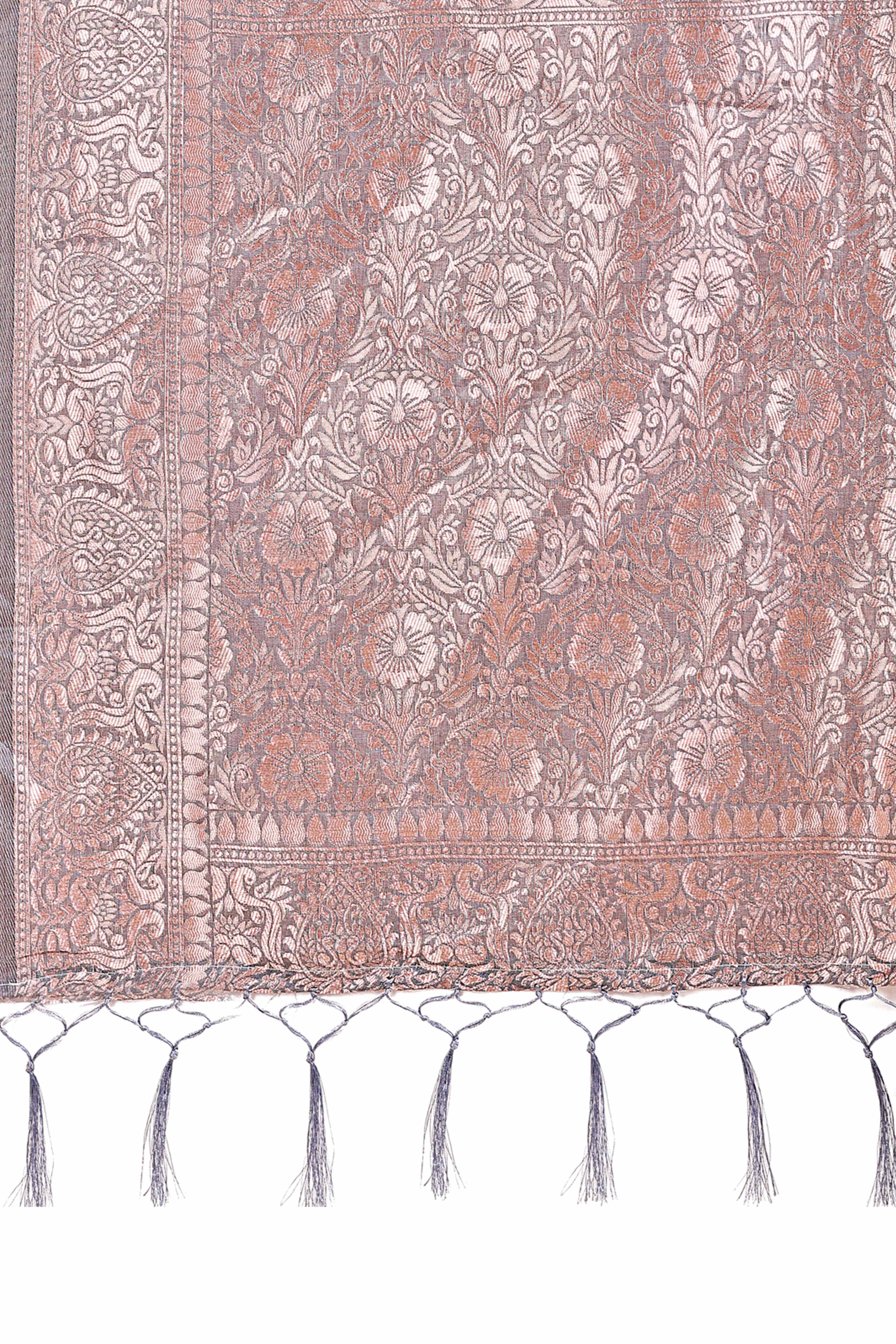 Grey Linen Cotton Saree With Floral Zari Weaving & Delicate Tassel Border