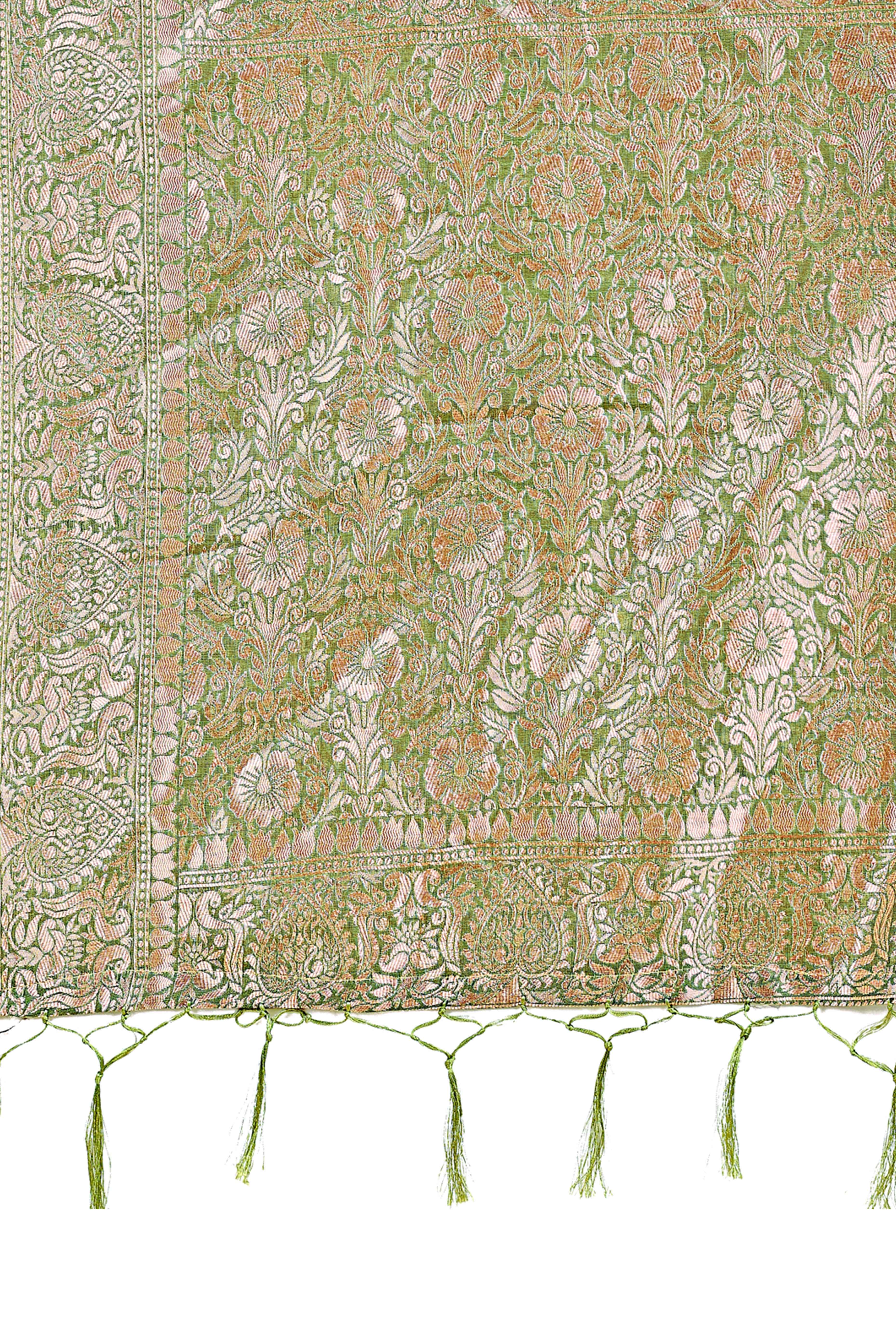 Green Linen Cotton Saree With Floral Zari Weaving & Delicate Tassel Border