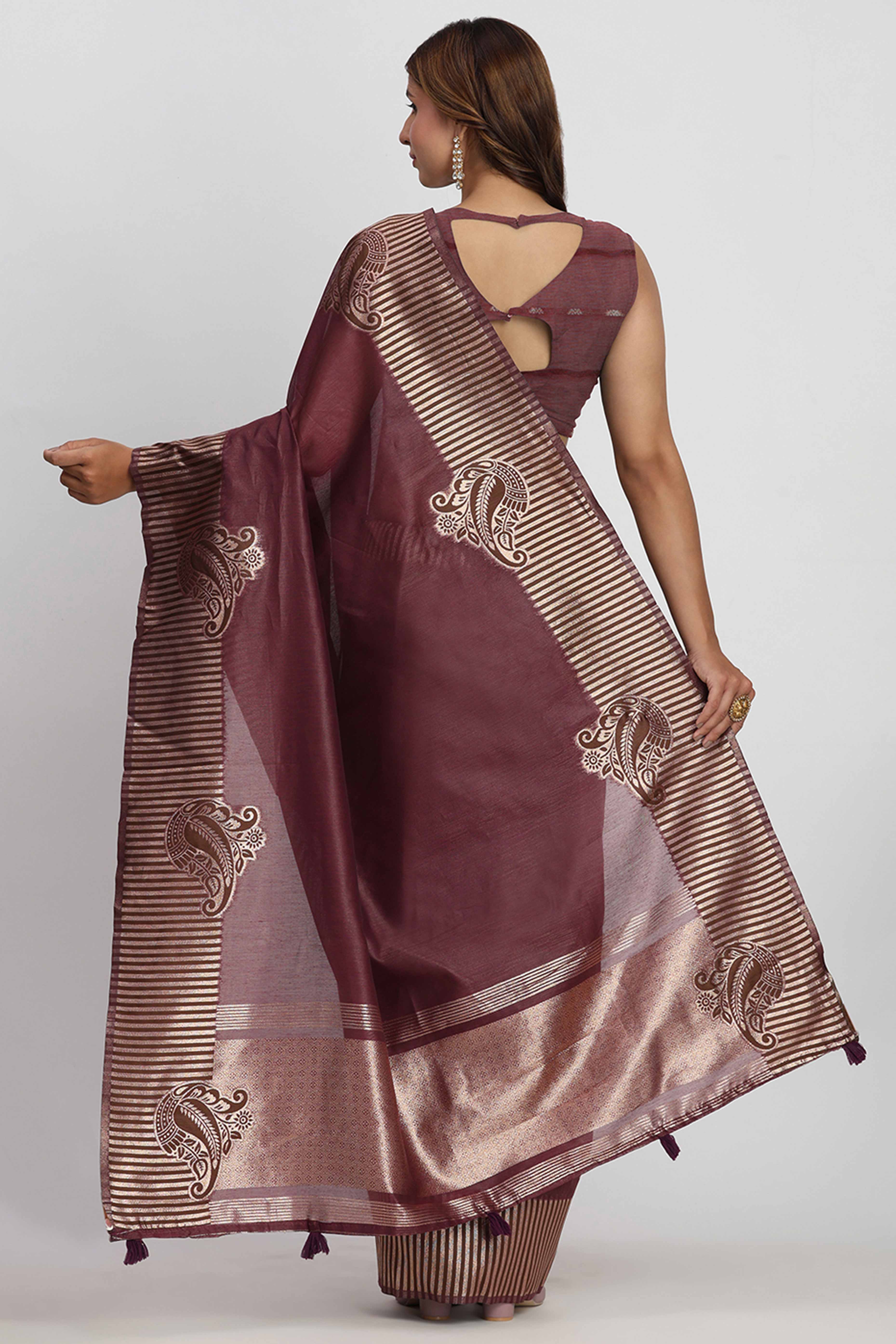 Linen Cotton Saree in Wine Hue Featuring Rich Zari Weaving