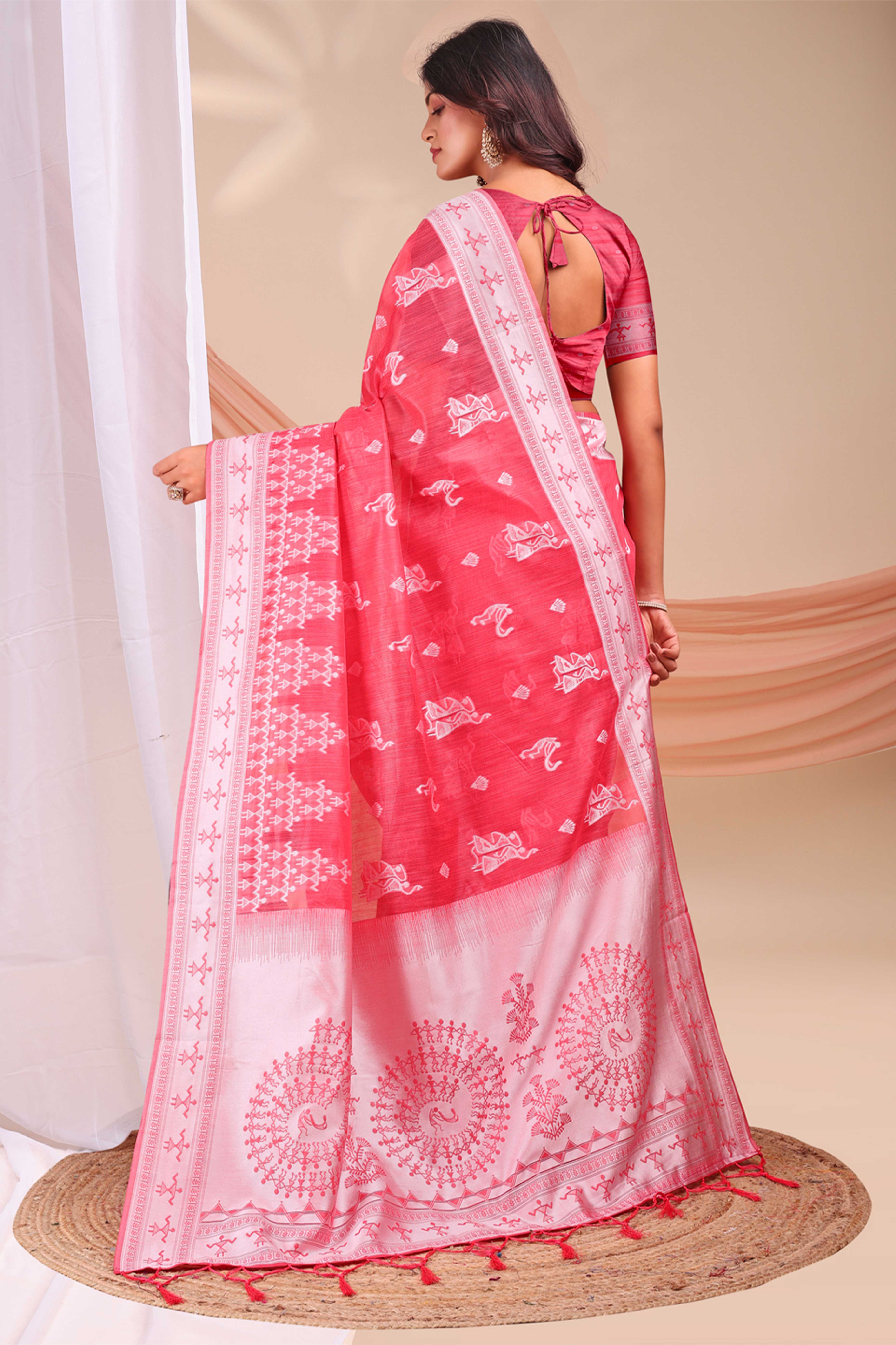 Pink Ethnic Saree in Soft Linen Cotton Fabric Featuring Warli Art Weaving