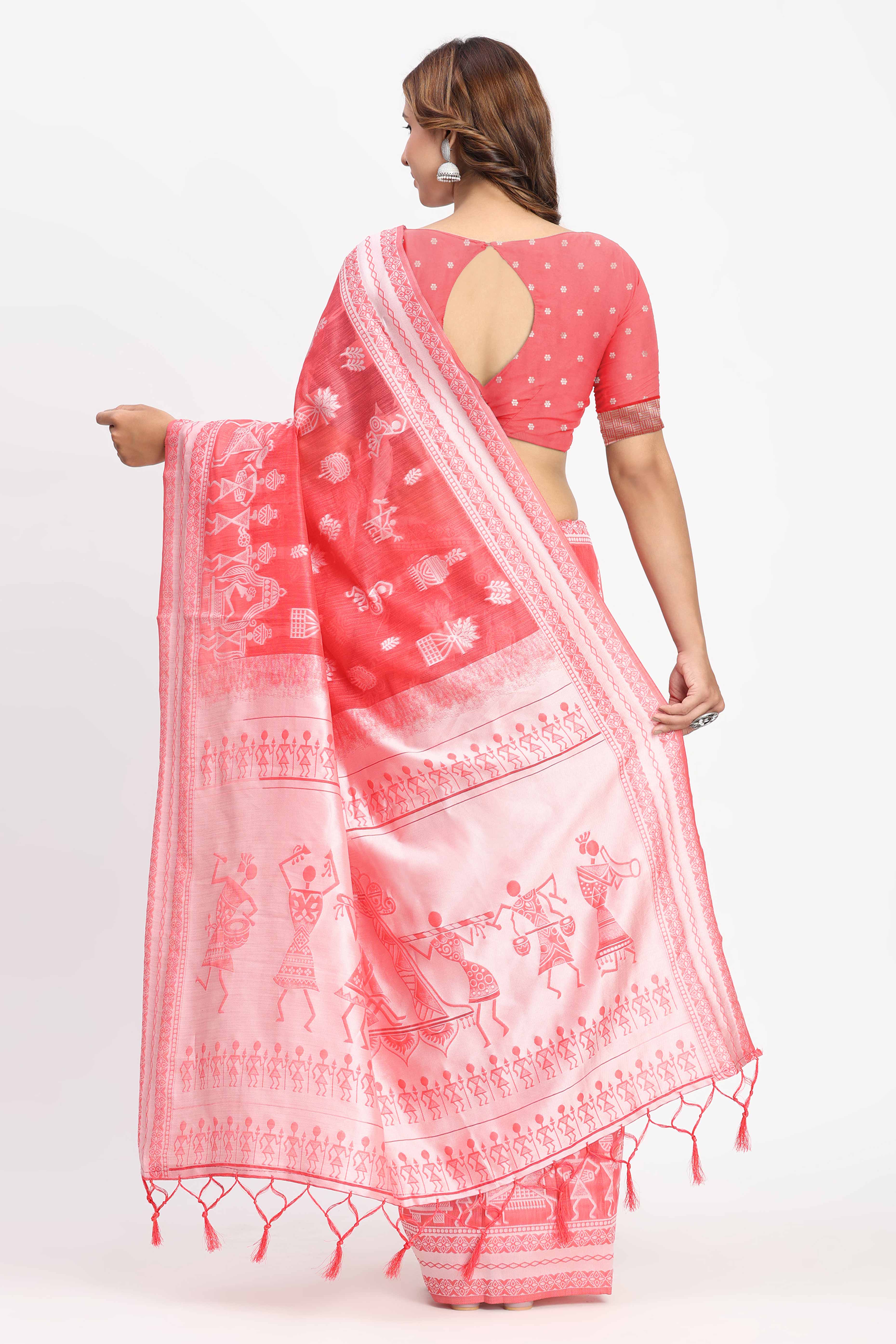 Coral Pink Linen Cotton Saree Showcasing Traditional Warli Motifs In Zari Weaving With Tassel Pallu