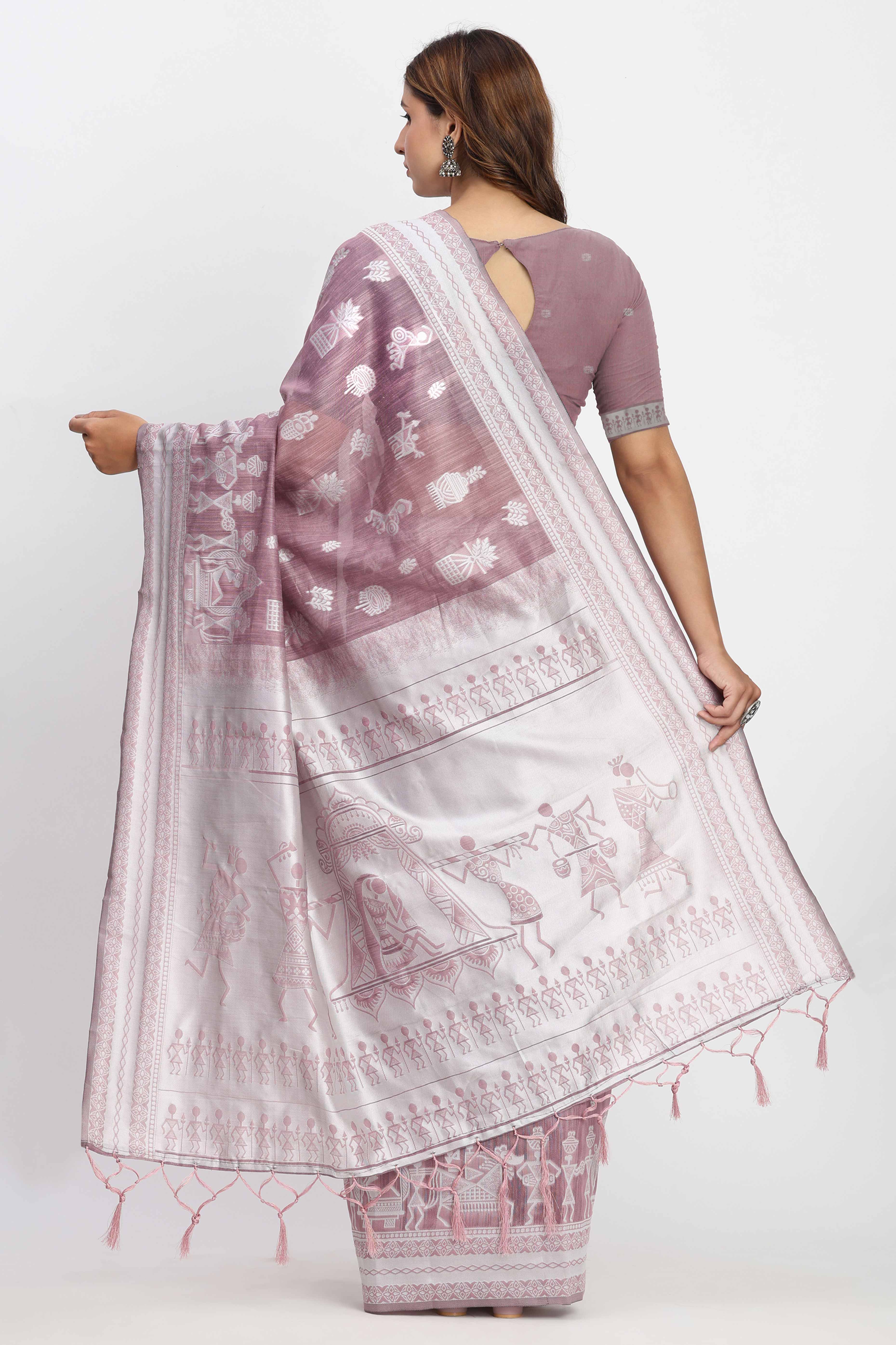 Mauve Linen Cotton Saree Showcasing Traditional Warli Motifs In Zari Weaving With Tassel Pallu