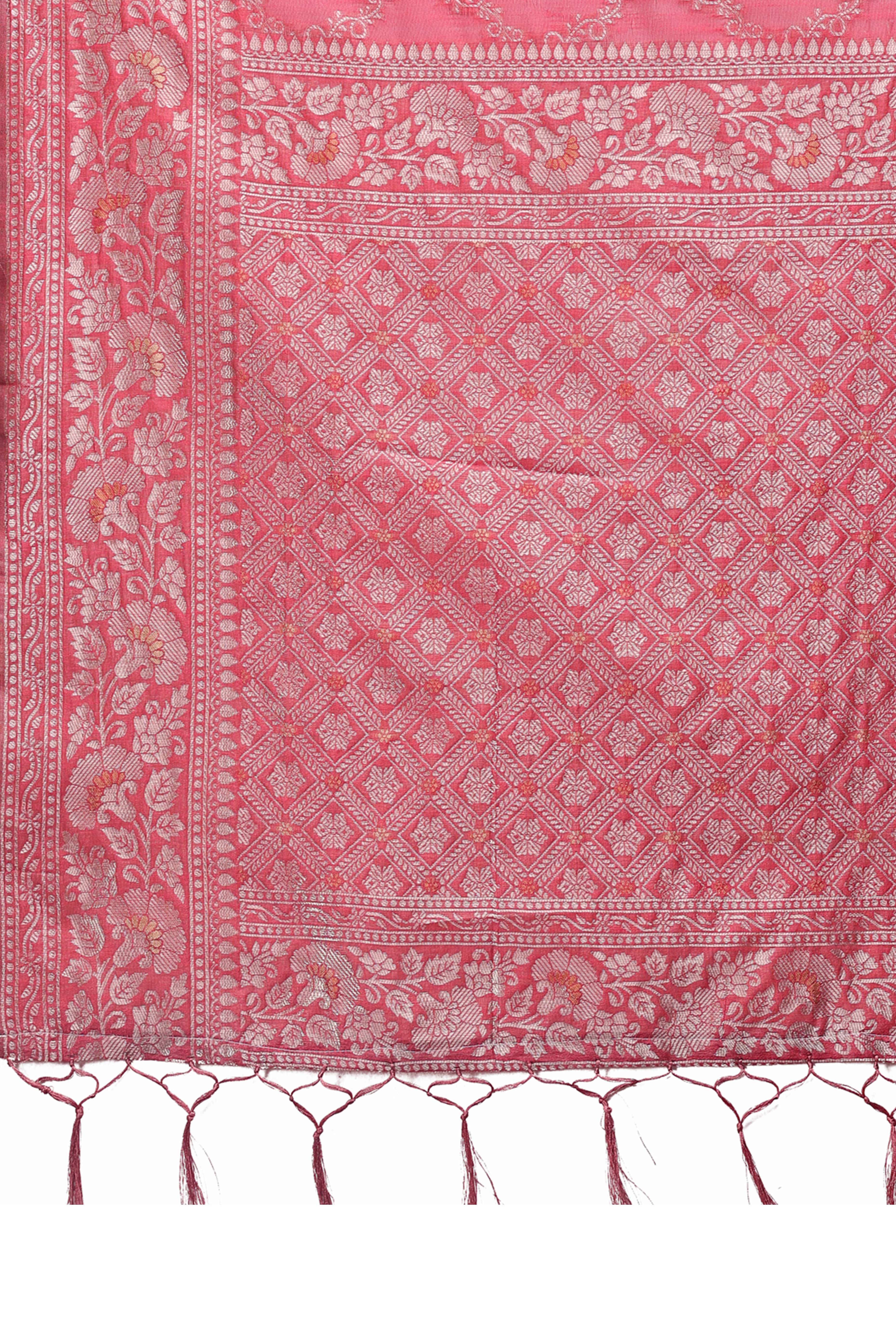 Peach Cotton Blend Saree with Banarasi Style Floral Design and Tassels